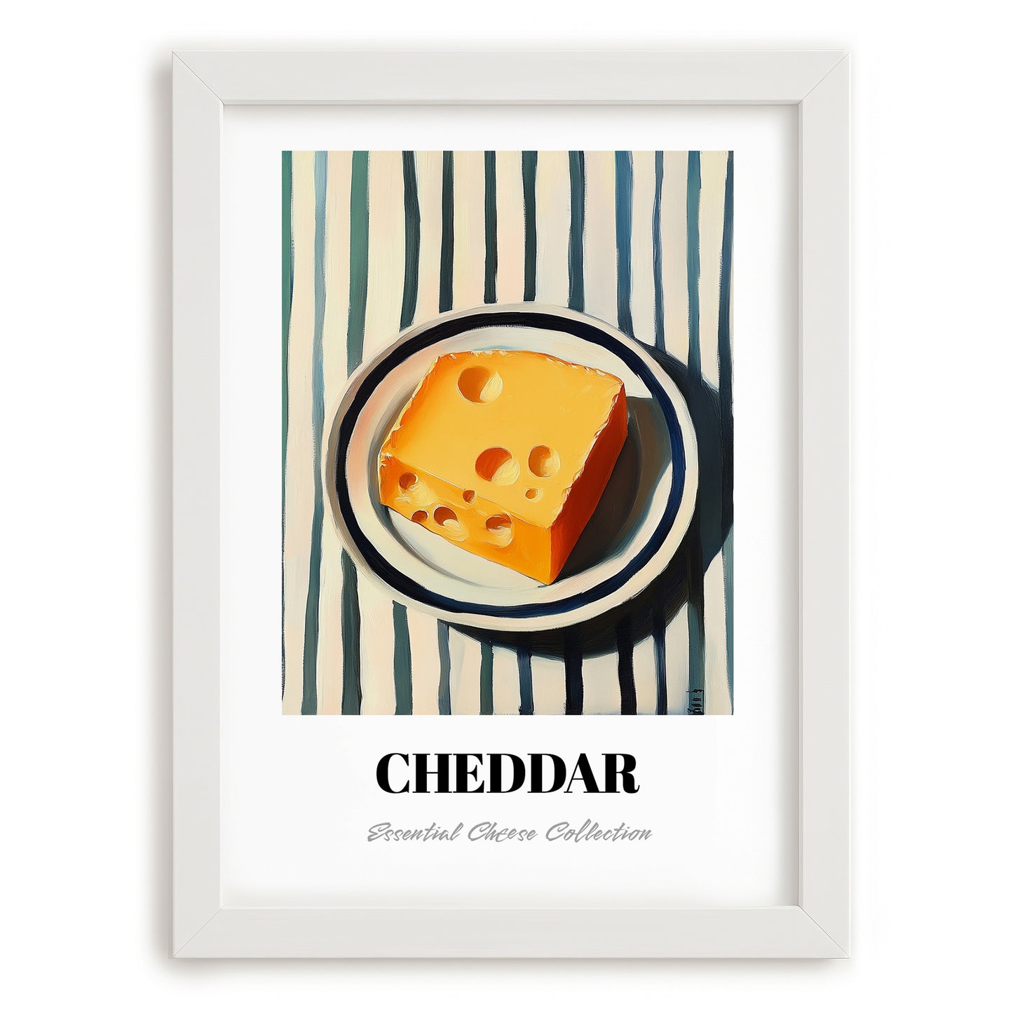 Cheddar – on Striped Tablecloth, Cheese Wall Painting, placed in minimal white frame