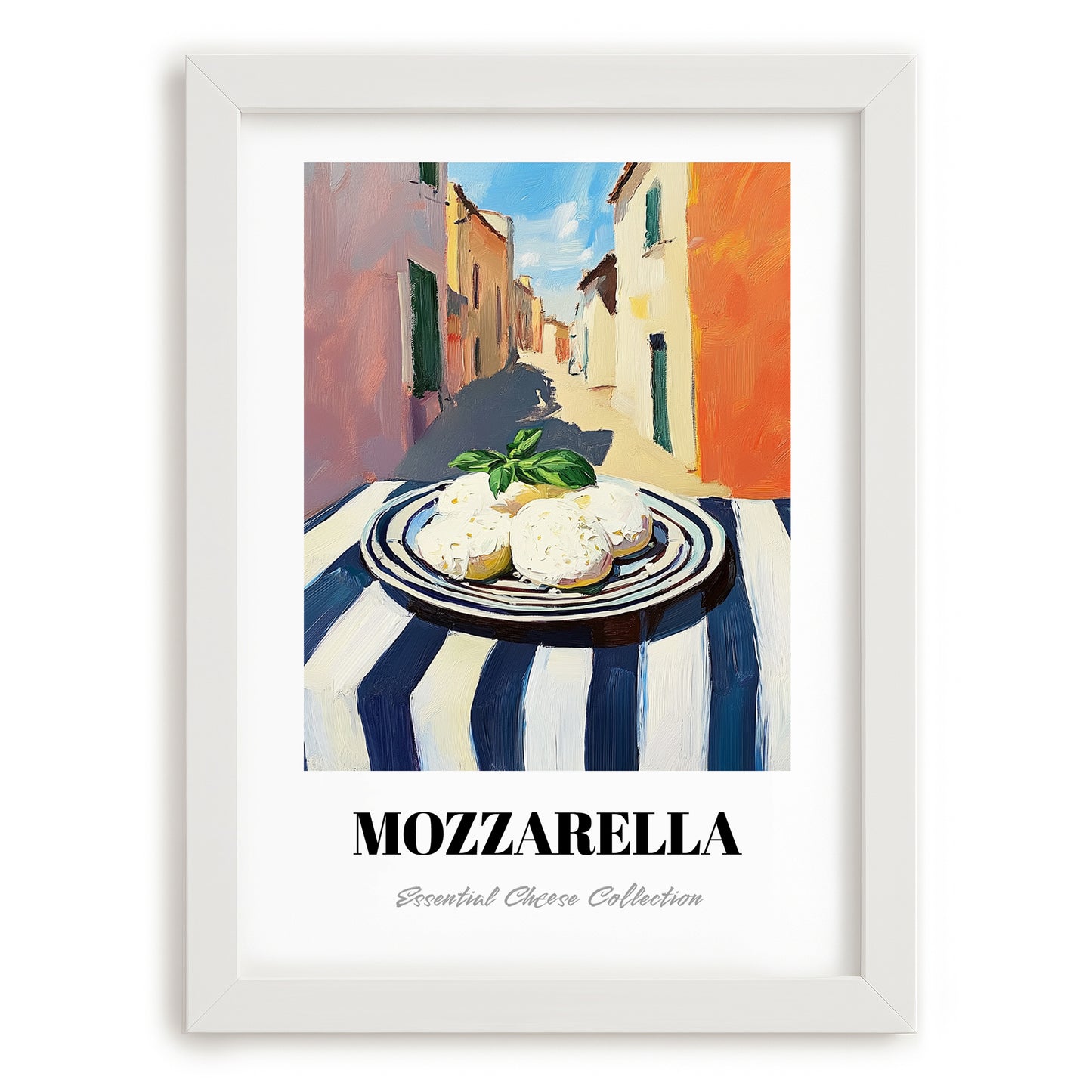 Mozzarella – Italian Urban Café Scene, Cheese Poster, placed in minimal white frame
