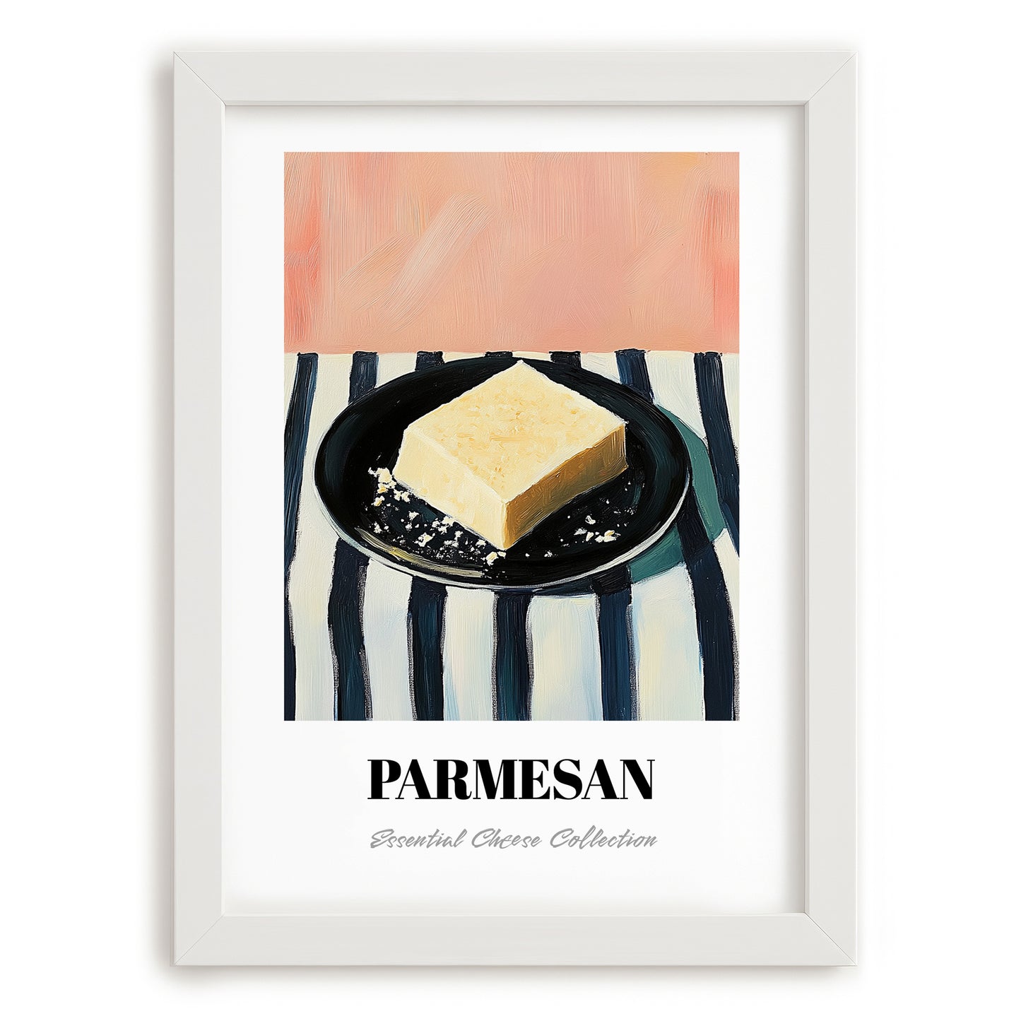 Parmesan – on Striped Tablecloth, Cheese Art, placed in minimal white frame