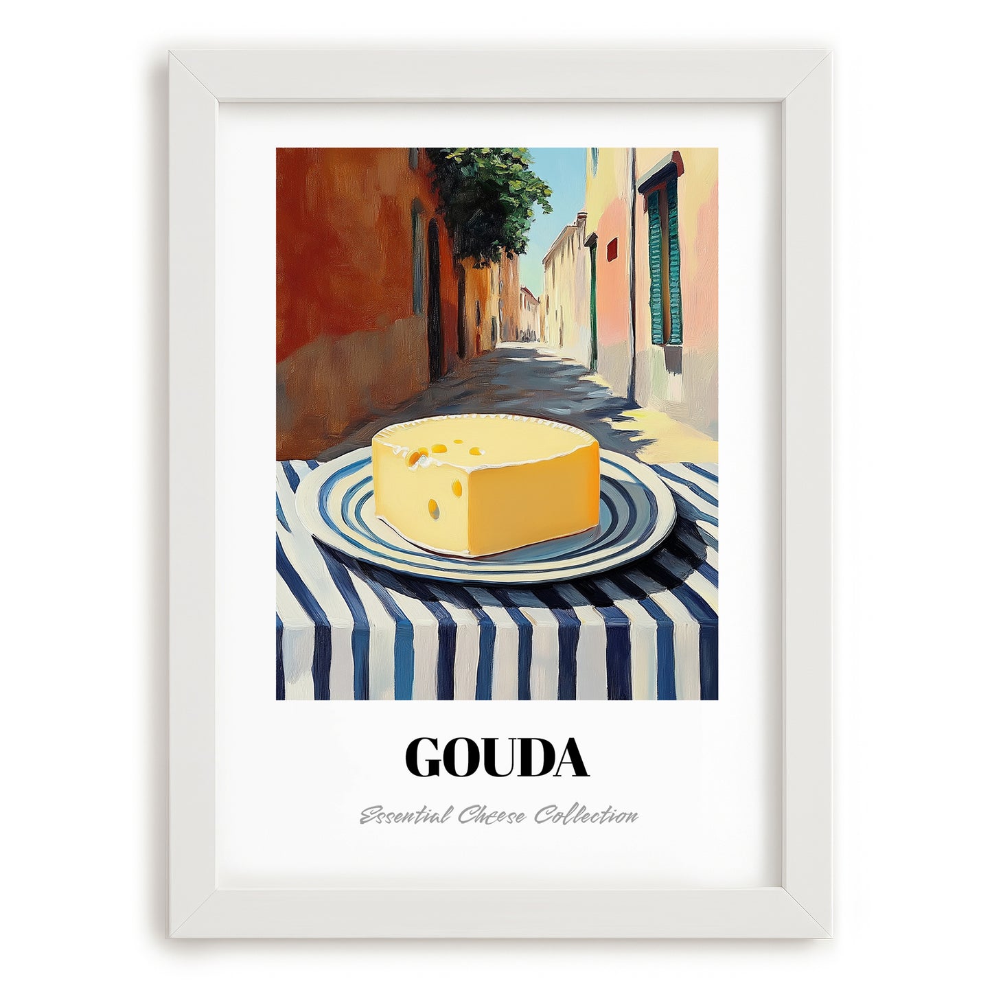 Gouda – Italian Outdoor Café Scene, Cheese Wall Painting, placed in minimal white frame