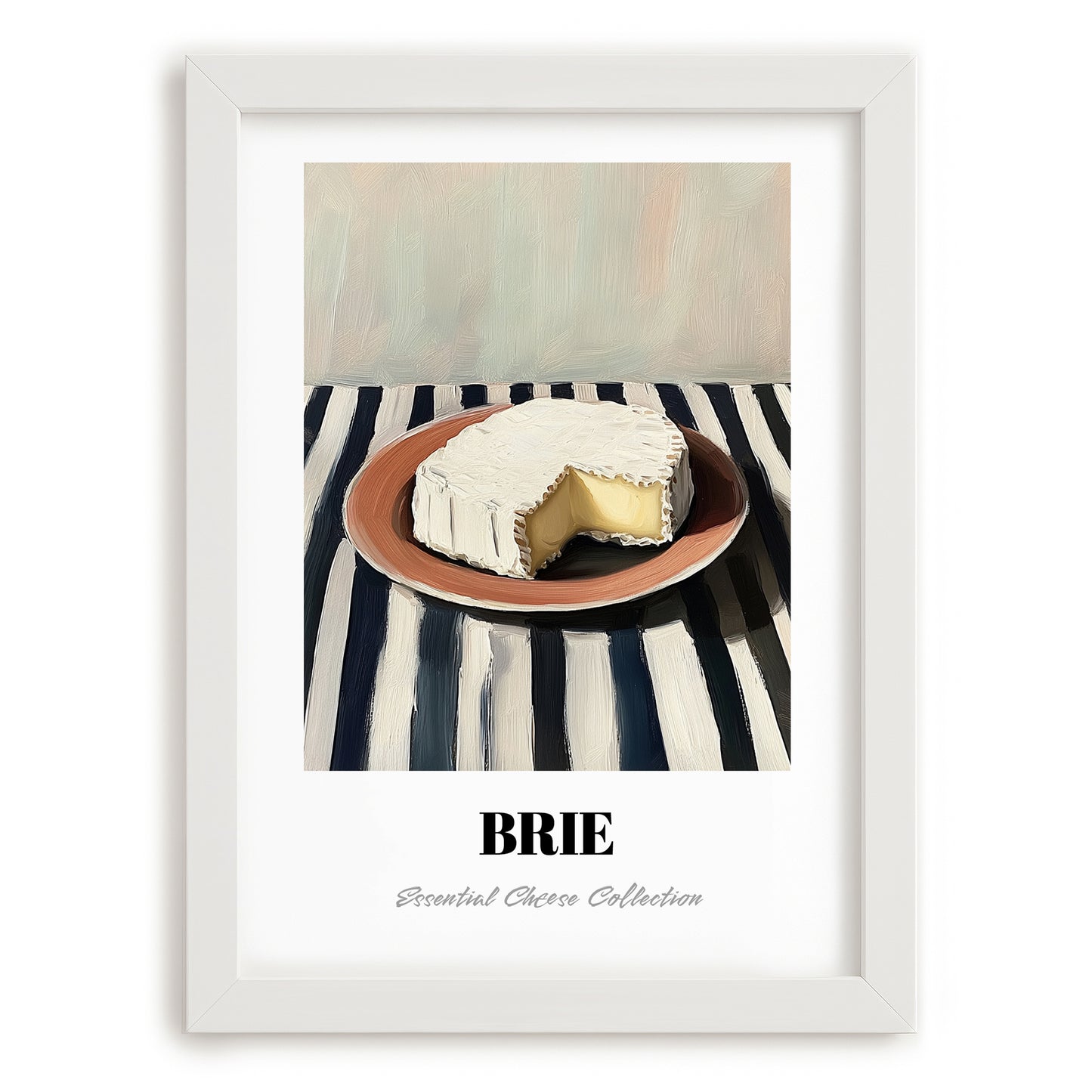 Brie – on Striped Tablecloth, Cheese Illustration, placed in minimal white frame