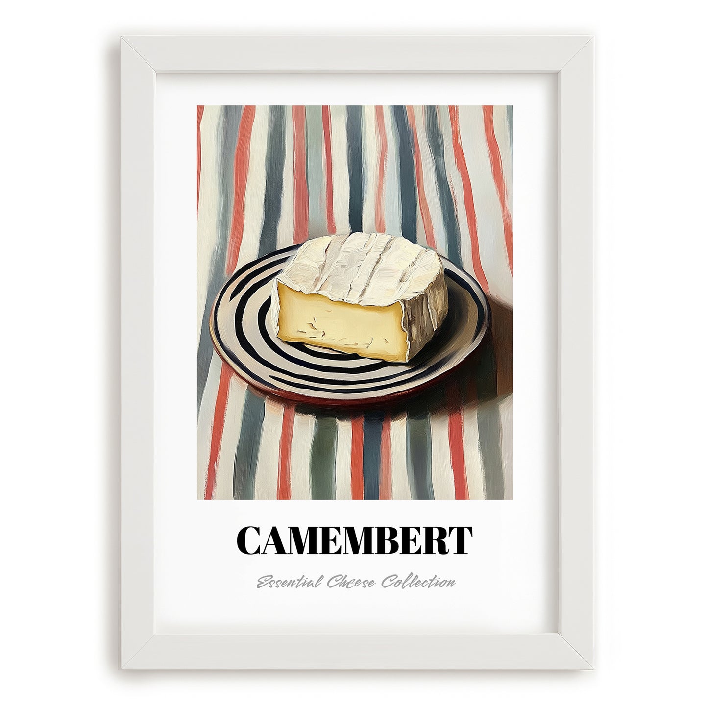 Camembert – on Striped Tablecloth, Cheese Painting, placed in minimal white frame