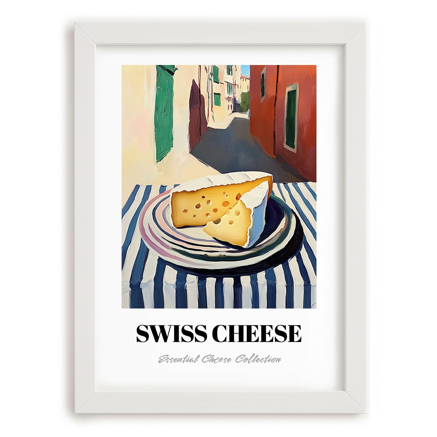 Swiss – Italian Café on the Corner, Cheese Poster, placed in minimal white frame