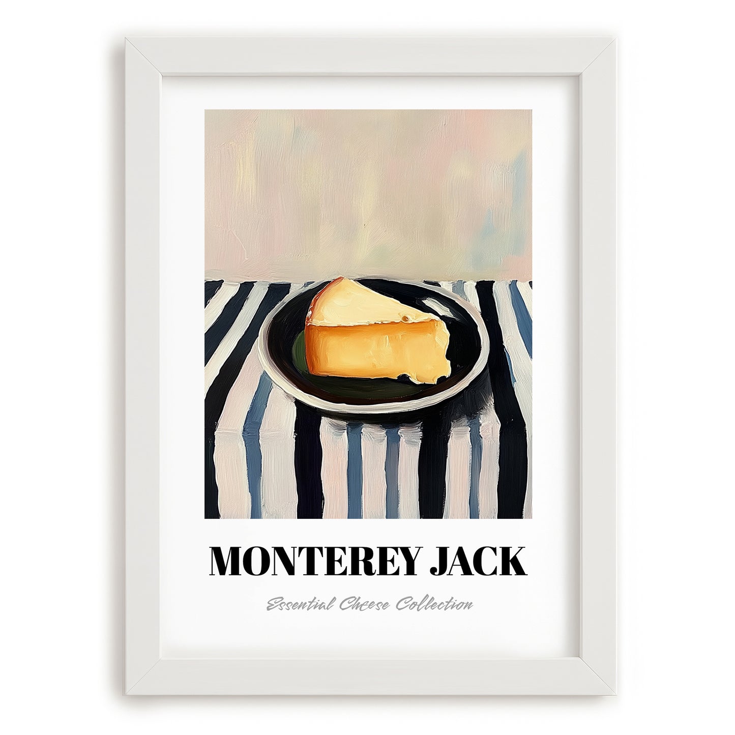 Monterey Jack – on Striped Tablecloth, Cheese Wall Art, placed in minimal white frame