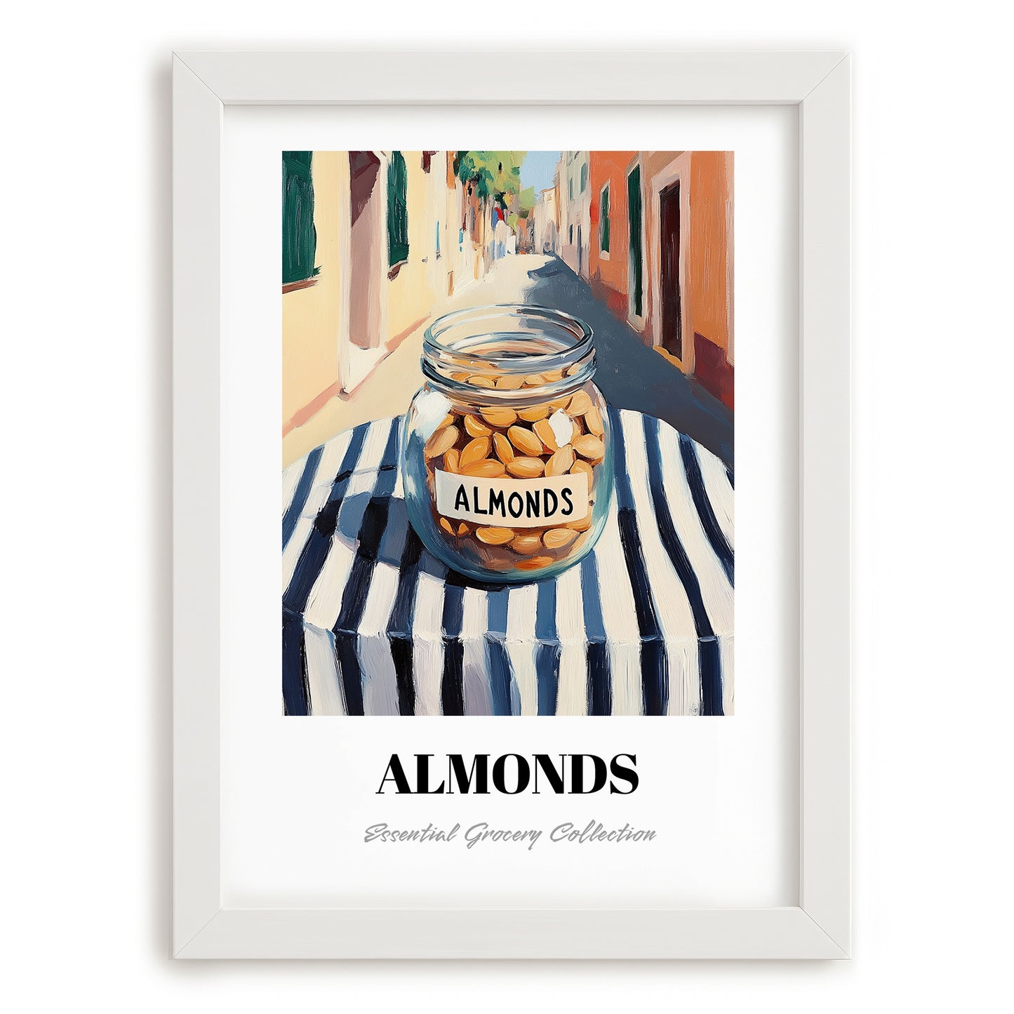 Almonds – Italian Café on the Corner, Nuts Wall Decor, placed in minimal white frame