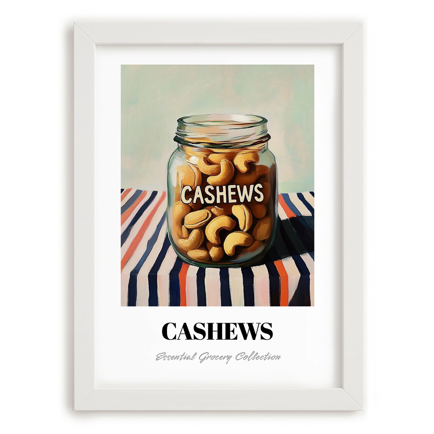 Cashews – on Striped Tablecloth, Nuts Painting, placed in minimal white frame