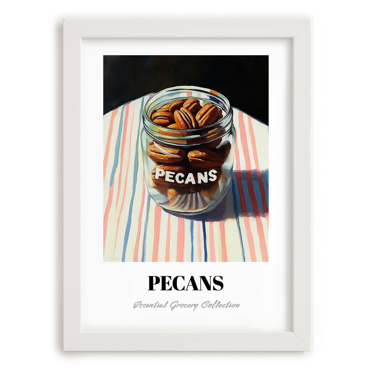 Pecans – on Striped Tablecloth, Nuts Still Life, placed in minimal white frame