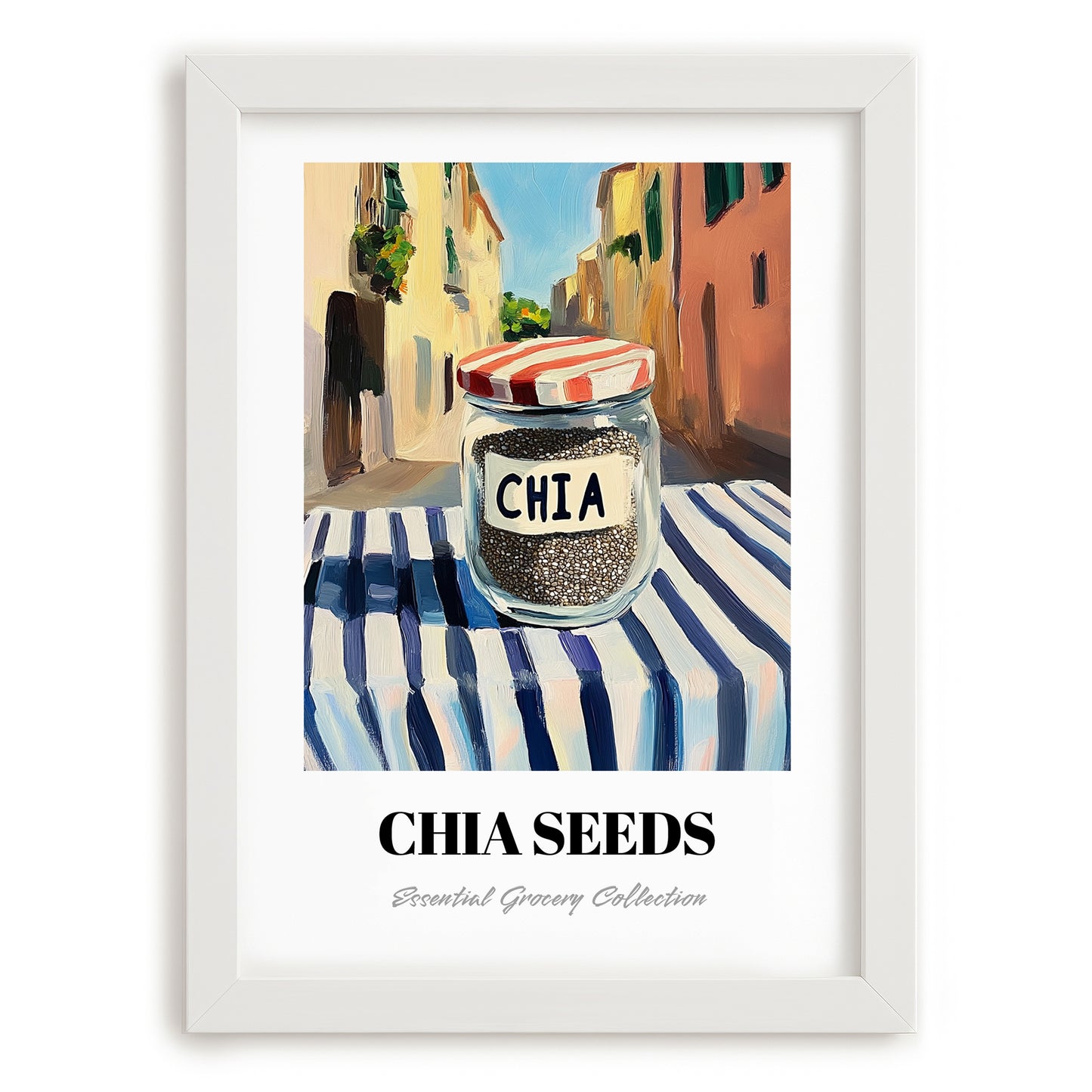 Chia Seeds – Italian Street Café Scene, Nuts Poster, placed in minimal white frame