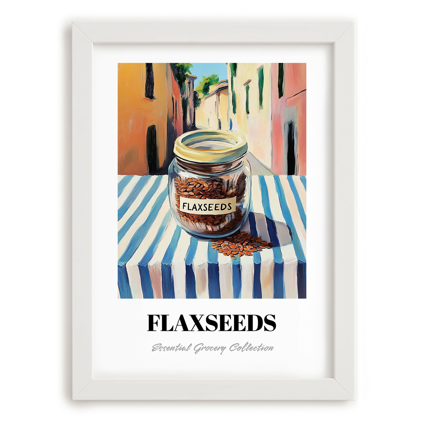 Flaxseeds – Italian Outdoor Café Scene, Nuts Art, placed in minimal white frame