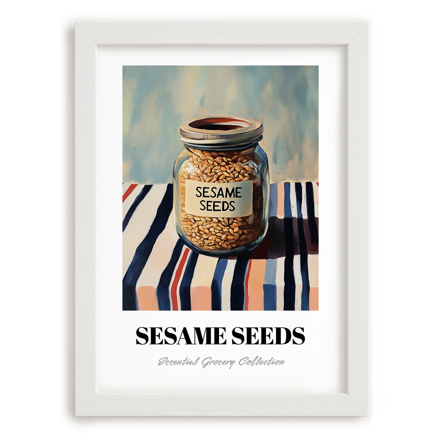 Sesame Seeds – on Striped Tablecloth, Nuts Poster, placed in minimal white frame