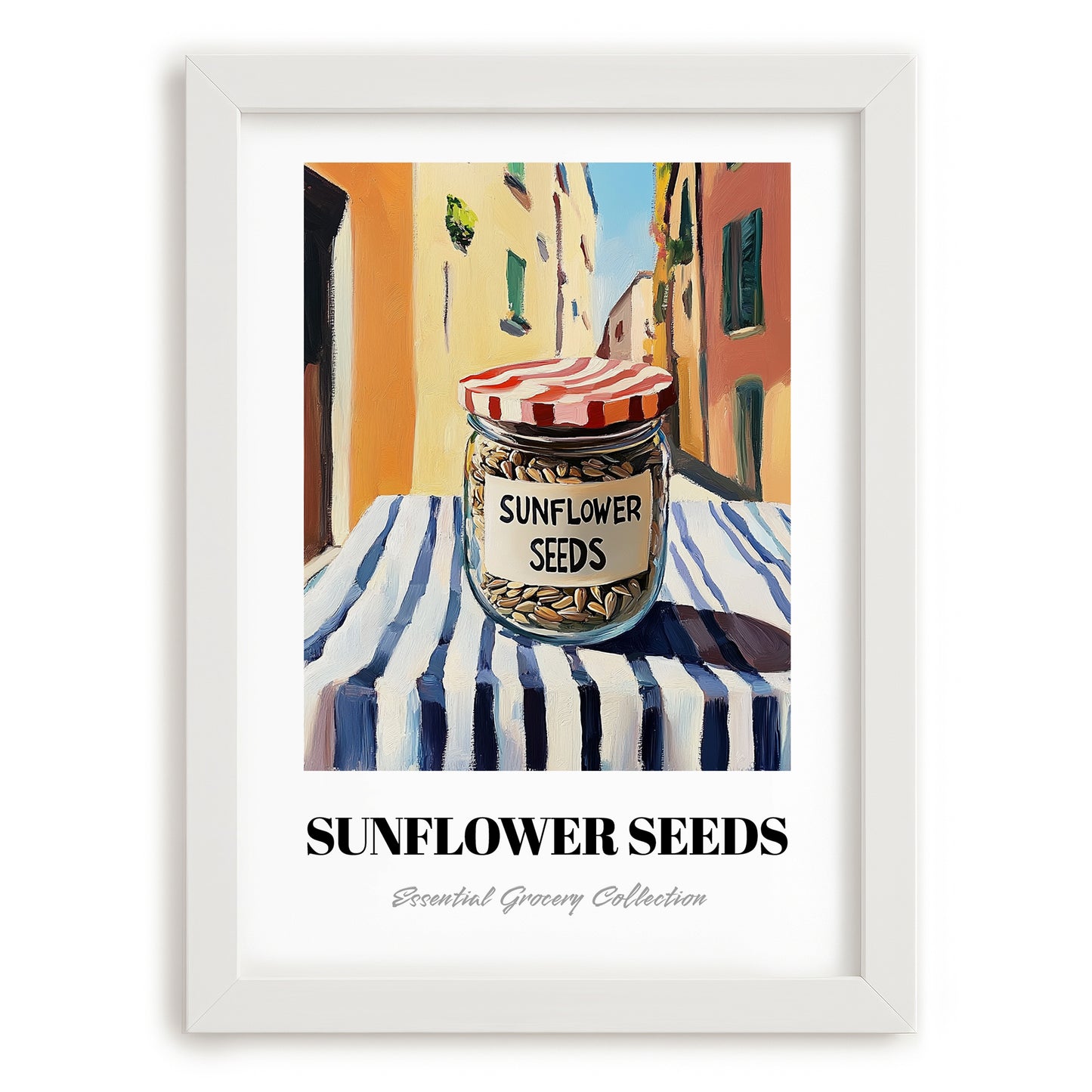 Sunflower Seeds – Italian Café on the Corner, Nuts Illustration, placed in minimal white frame