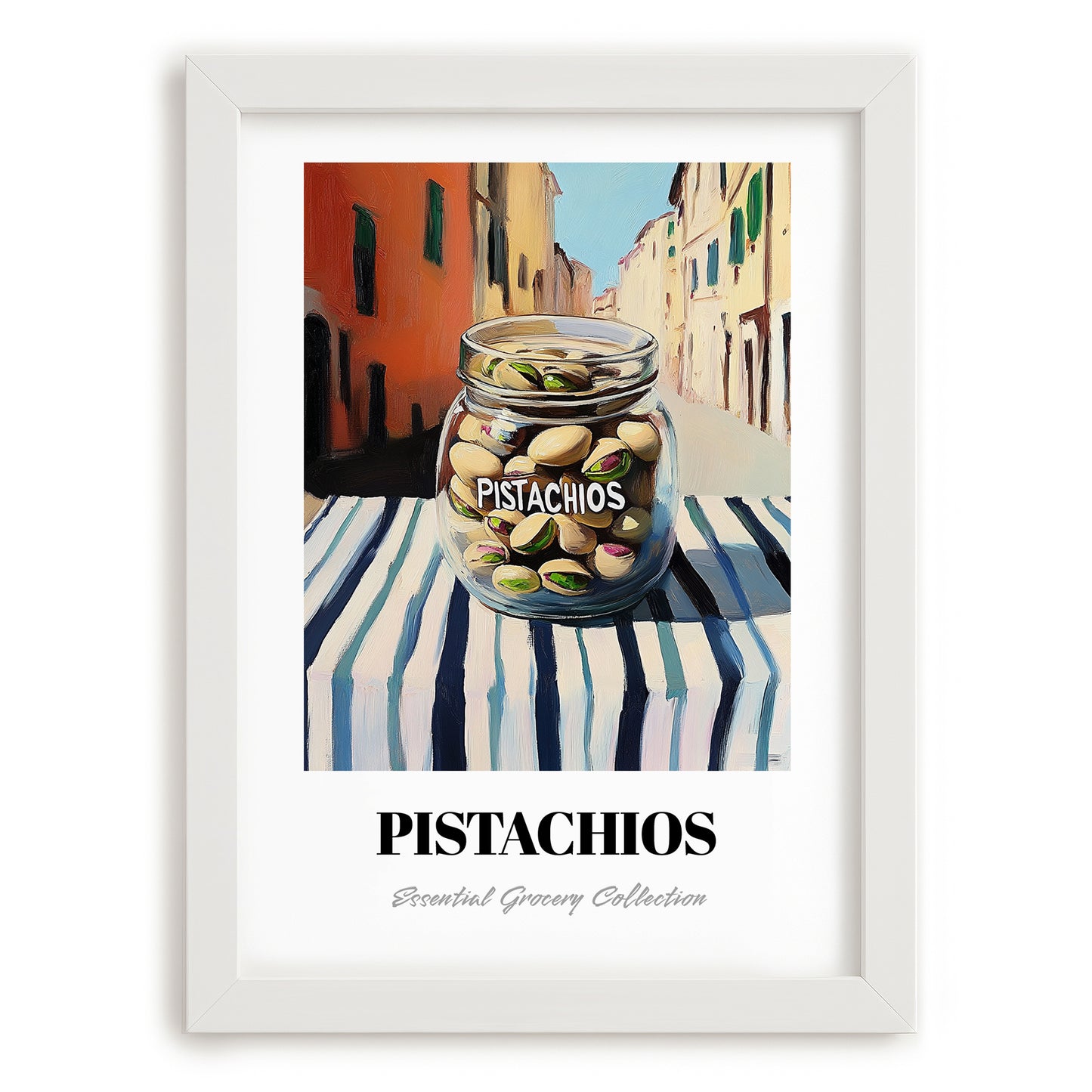 Pistachios – Italian Urban Café Scene, Nuts Wall Illustration, placed in minimal white frame