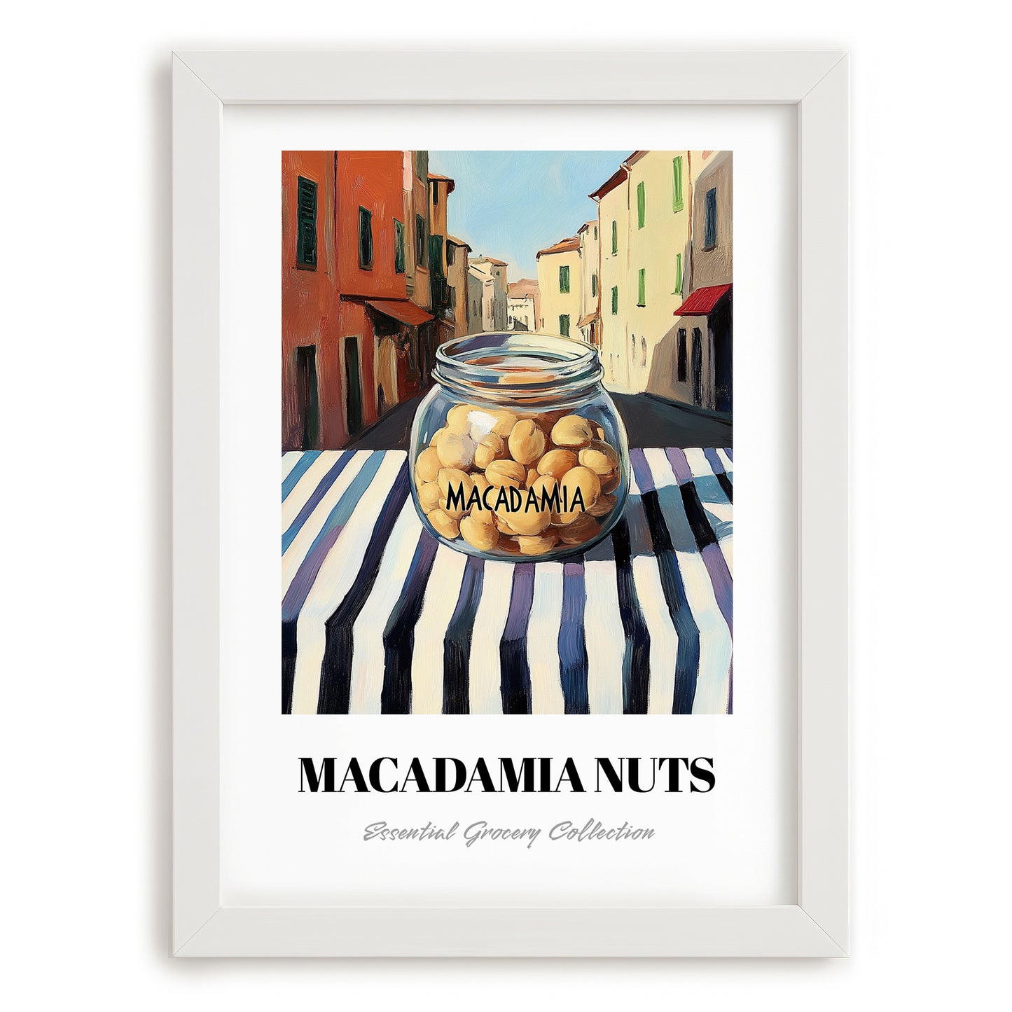 Macadamia – Italian Outdoor Café Scene, Nuts Wall Art, placed in minimal white frame