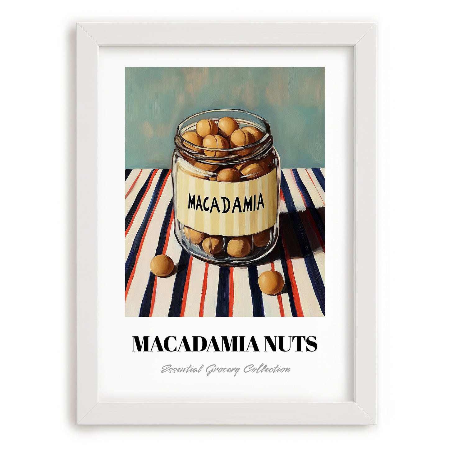 Macadamia – on Striped Tablecloth, Nuts Painting, placed in minimal white frame