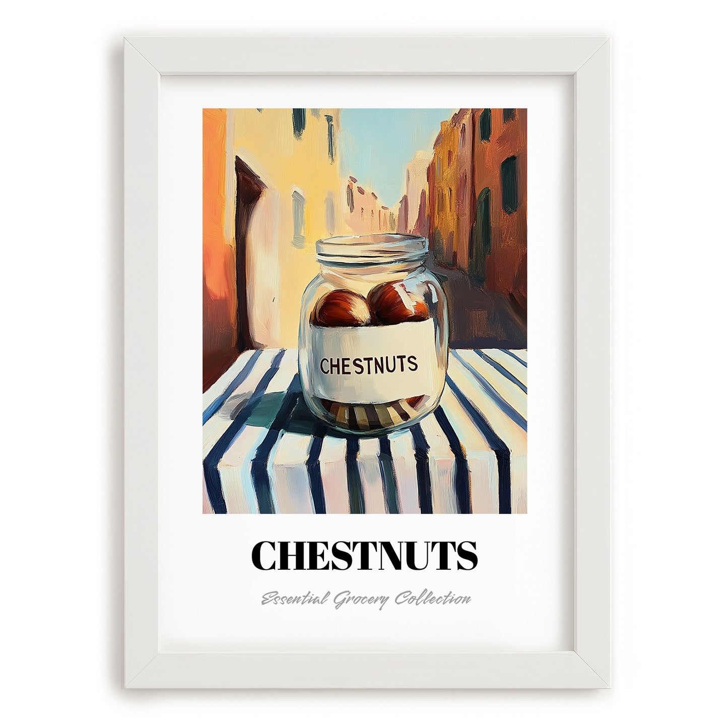 Chestnuts – Italian Outdoor Café Scene, Nuts Art, placed in minimal white frame