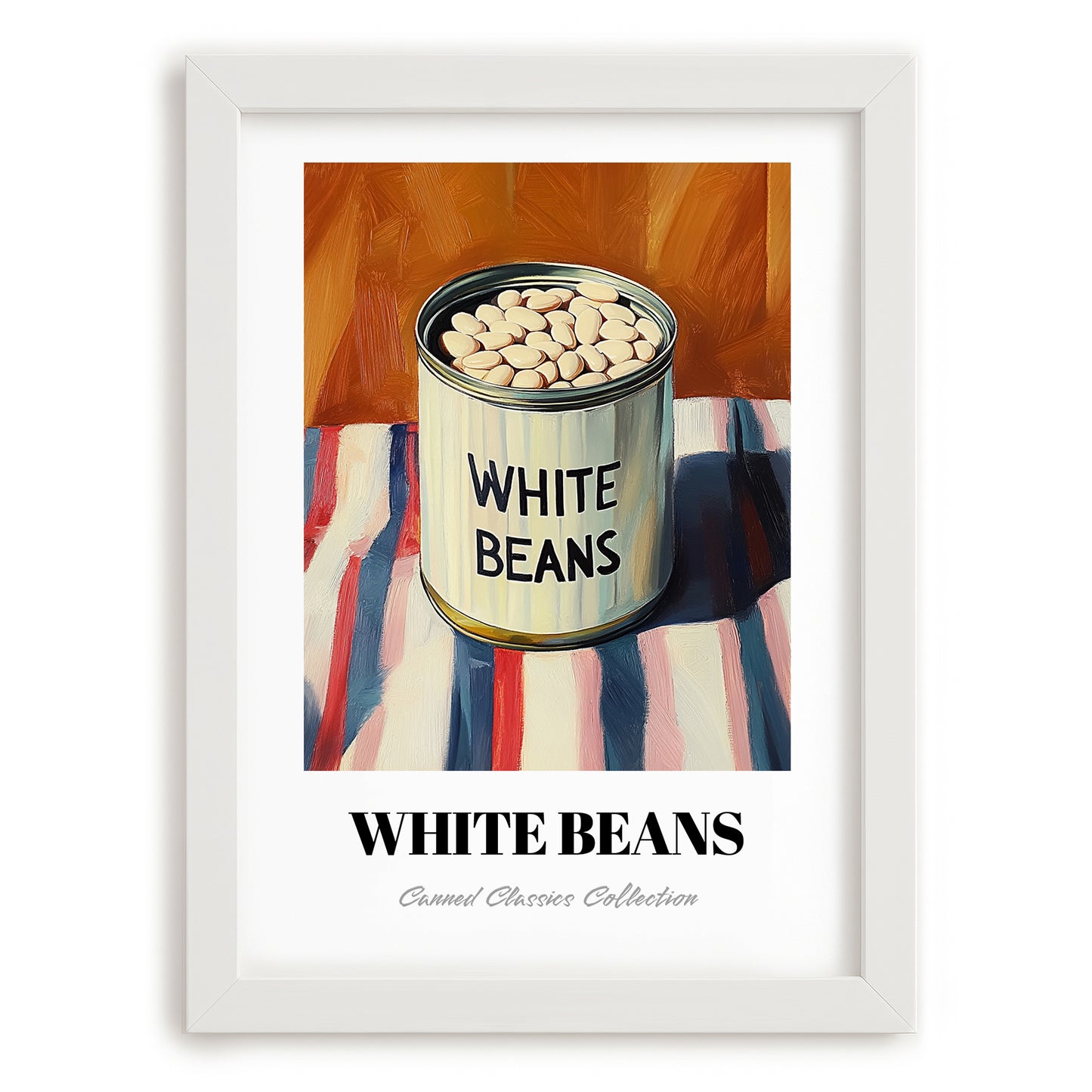 White Beans – on Striped Tablecloth, Canned Vegetables Painting, placed in minimal white frame