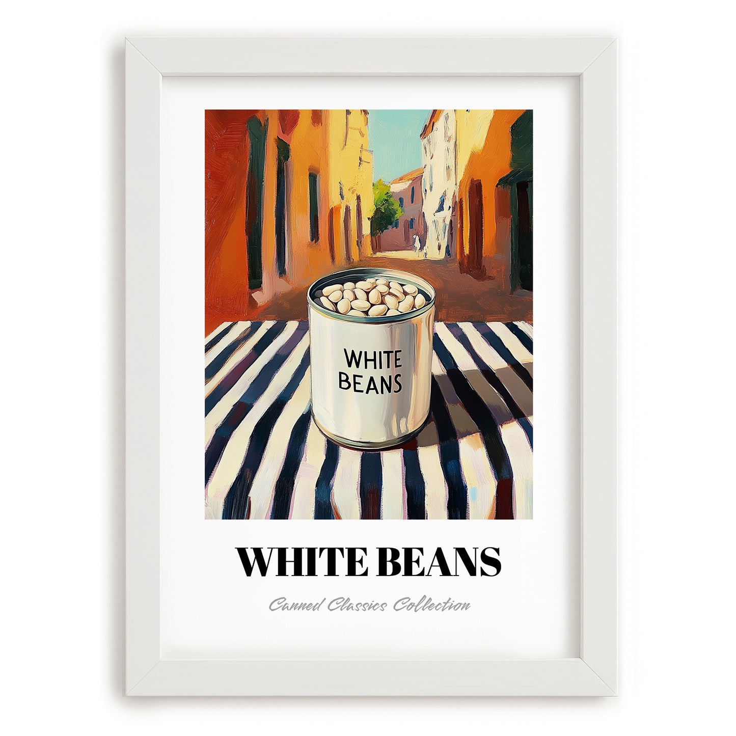 White Beans – Italian Urban Café Scene, Canned Vegetables Still Life, placed in minimal white frame