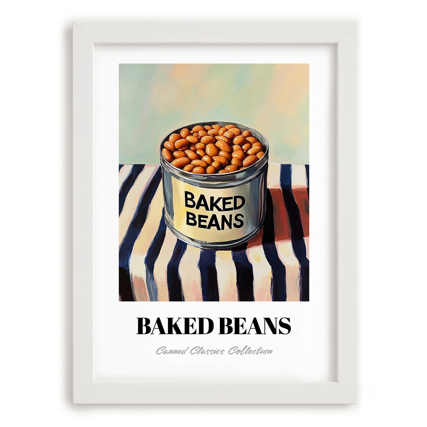 Baked Beans – on Striped Tablecloth, Canned Vegetables Illustration, placed in minimal white frame