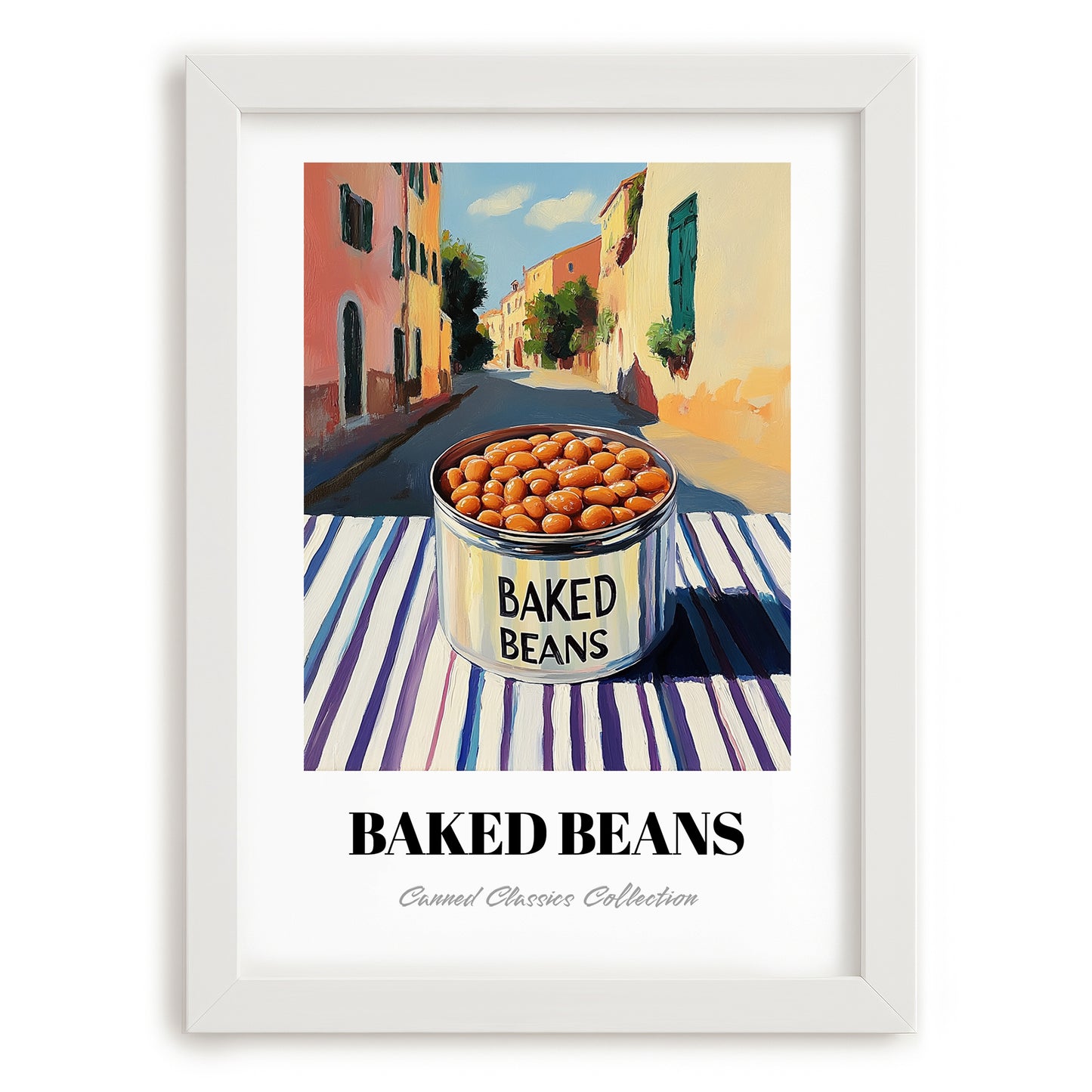 Baked Beans – Italian Outdoor Café Scene, Canned Vegetables Illustration, placed in minimal white frame