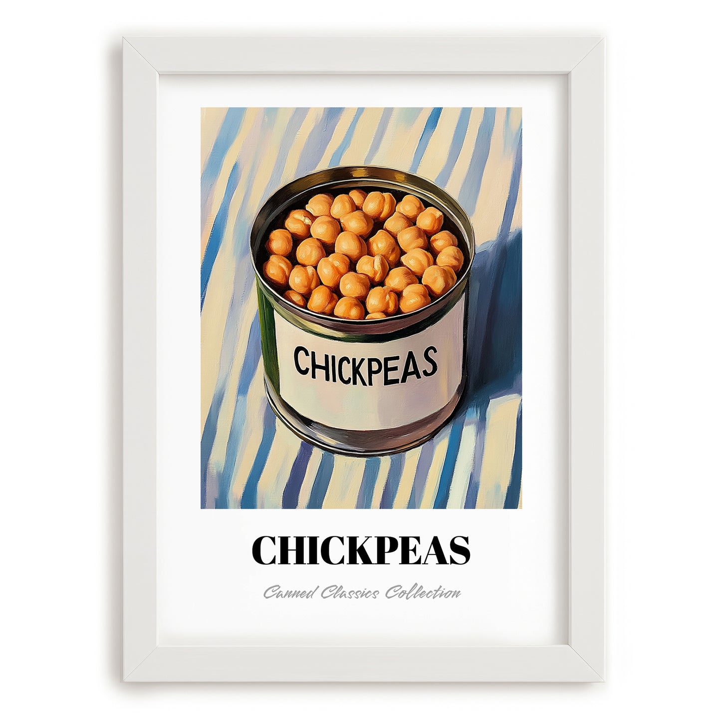 Chickpeas – on Striped Tablecloth, Canned Vegetables Wall Decor, placed in minimal white frame