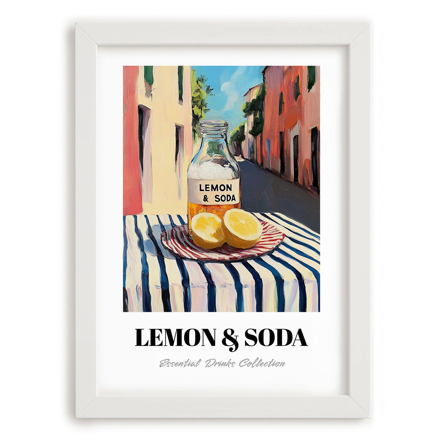 Lemon & Soda – Italian Outdoor Café Scene, Lemonade Painting, placed in minimal white frame