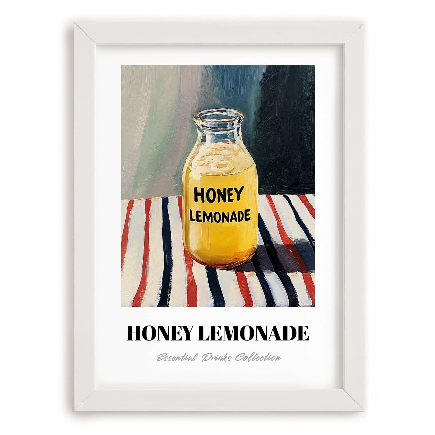 Honey Lemonade – on Striped Tablecloth, Lemonade Illustration, placed in minimal white frame