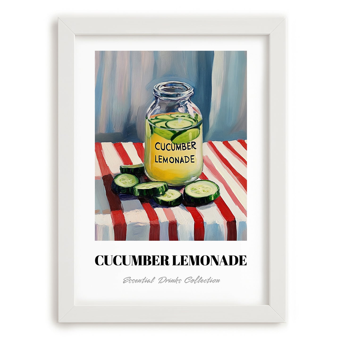 Cucumber Lemonade – on Striped Tablecloth, Lemonade Poster, placed in minimal white frame