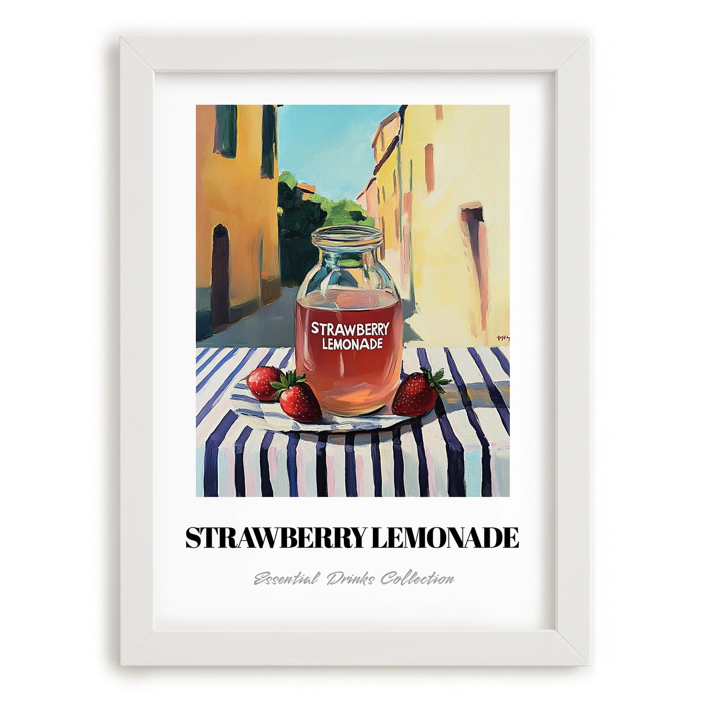 Strawberry Lemonade – Italian Street Café Scene, Lemonade Poster, placed in minimal white frame