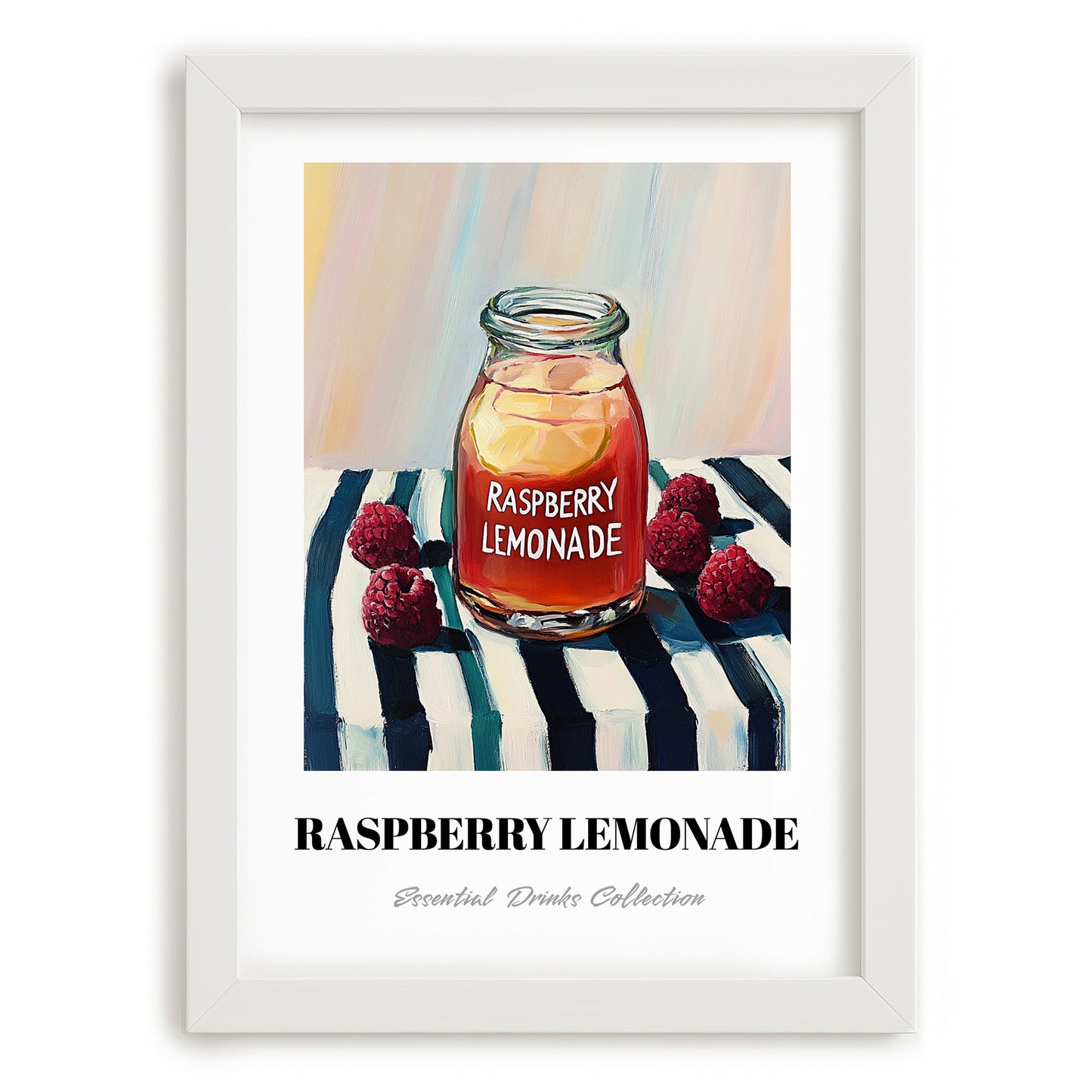 Raspberry Lemonade – on Striped Tablecloth, Lemonade Painting, placed in minimal white frame