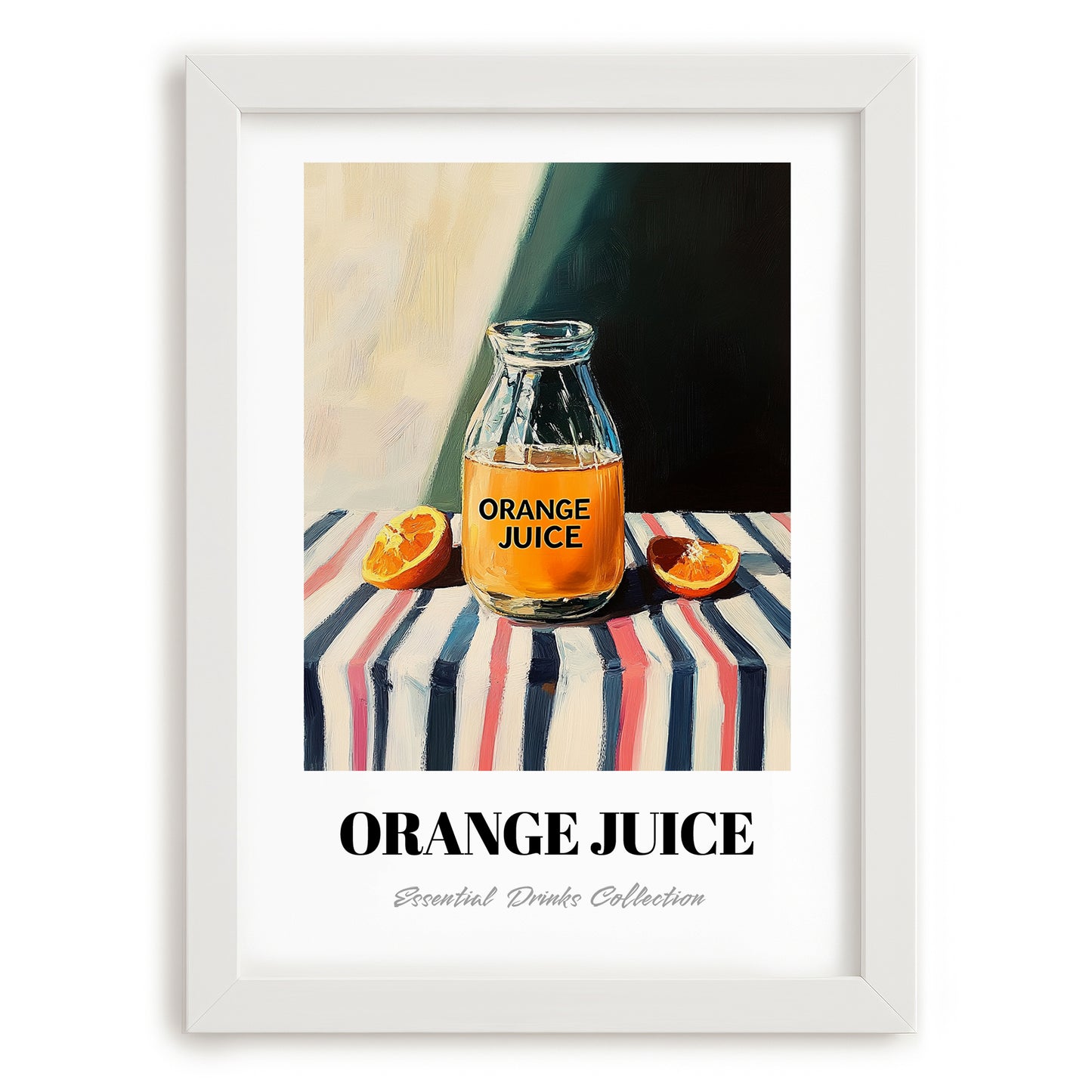 Orange Juice – on Striped Tablecloth, Lemonade Poster, placed in minimal white frame
