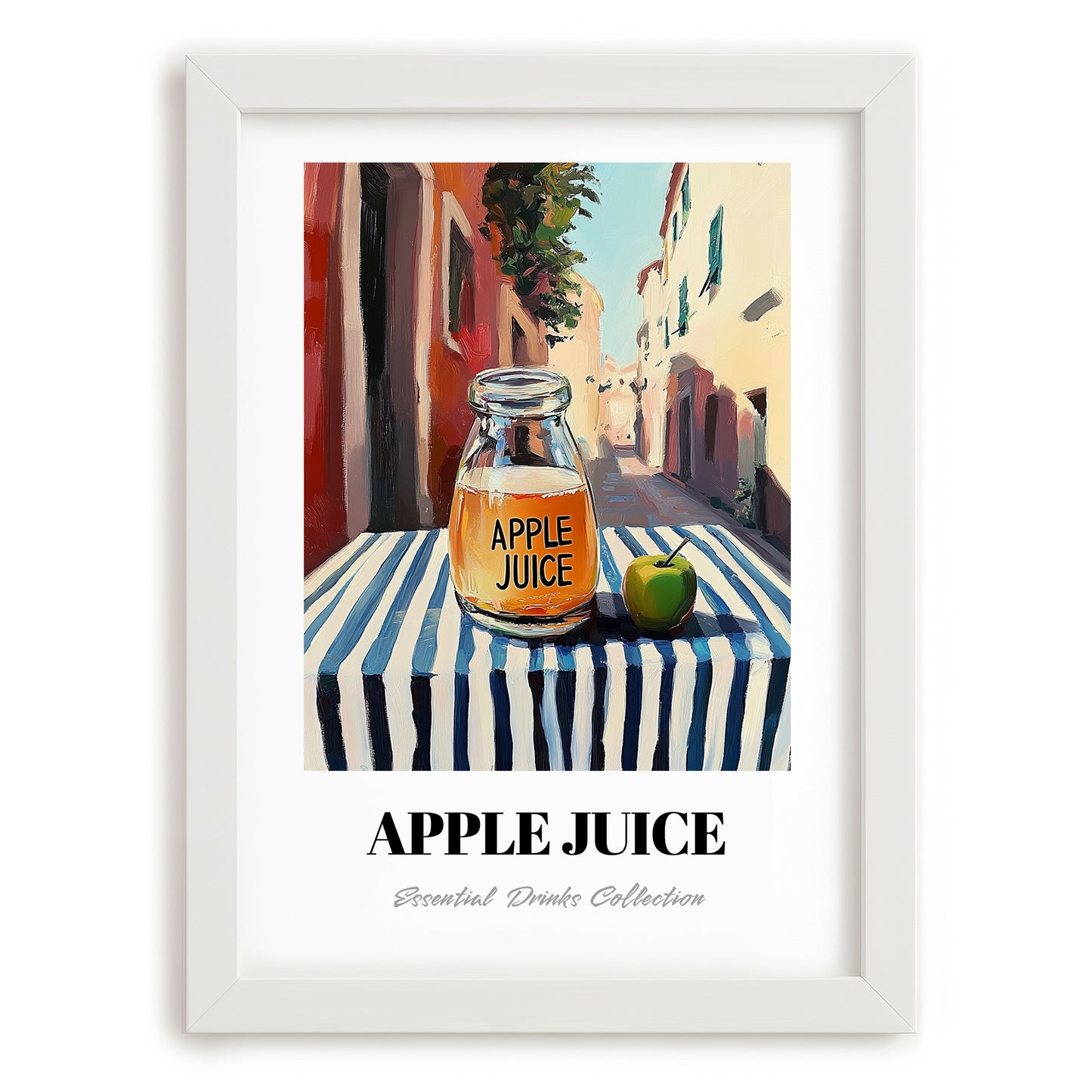 Apple Juice – Italian Café on the Corner, Lemonade Painting, placed in minimal white frame