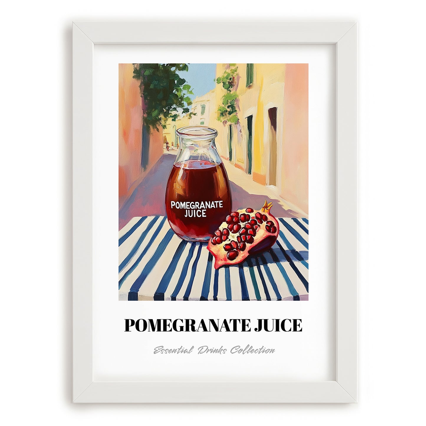 Pomegranate Juice – Italian Outdoor Café Scene, Lemonade Painting, placed in minimal white frame