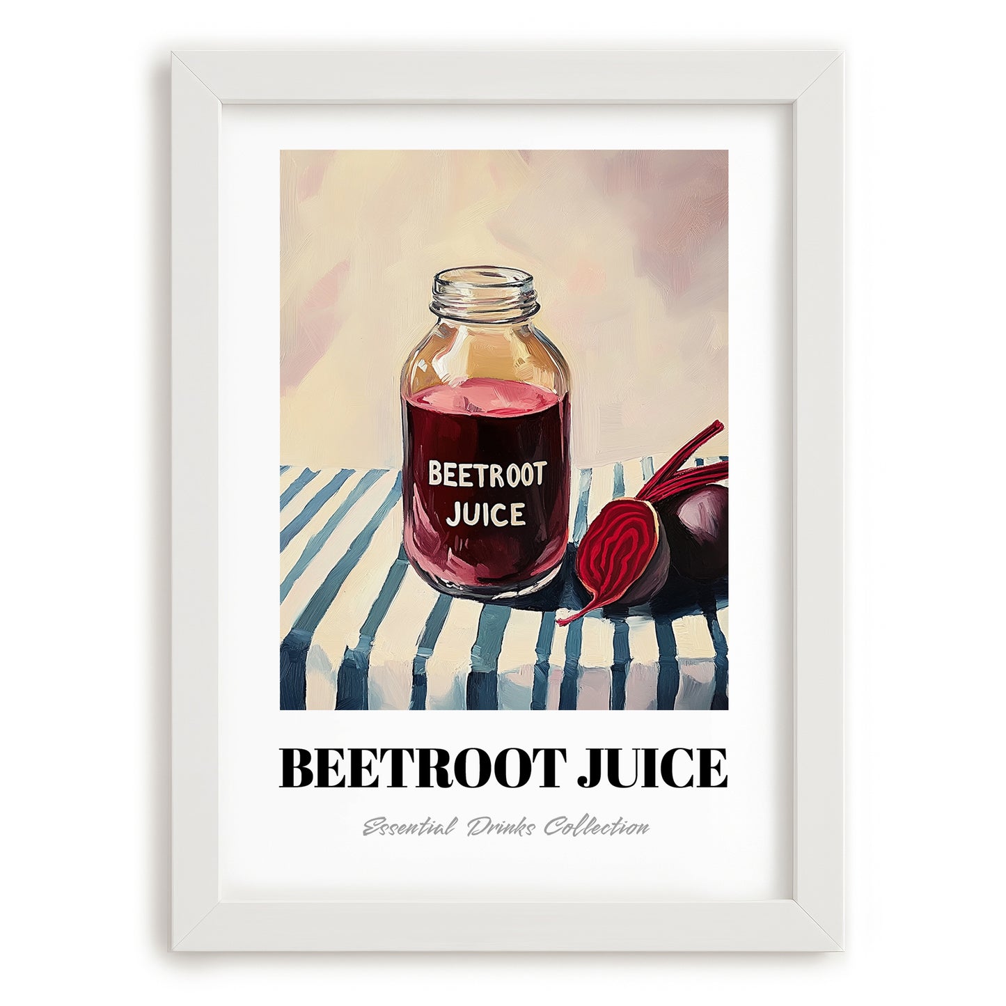 Beetroot Juice – on Striped Tablecloth, Lemonade Wall Illustration, placed in minimal white frame