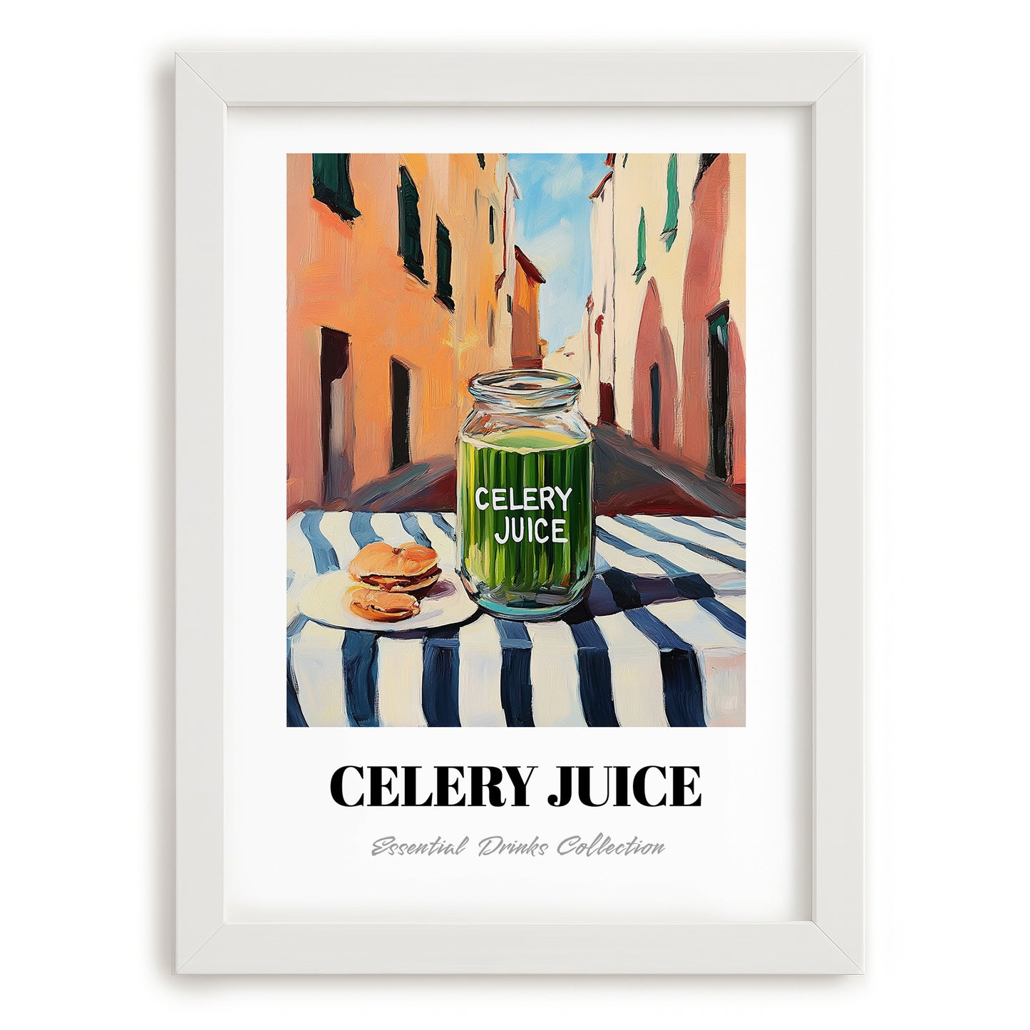 Celery Juice – Italian Urban Café Scene, Lemonade Wall Print, placed in minimal white frame