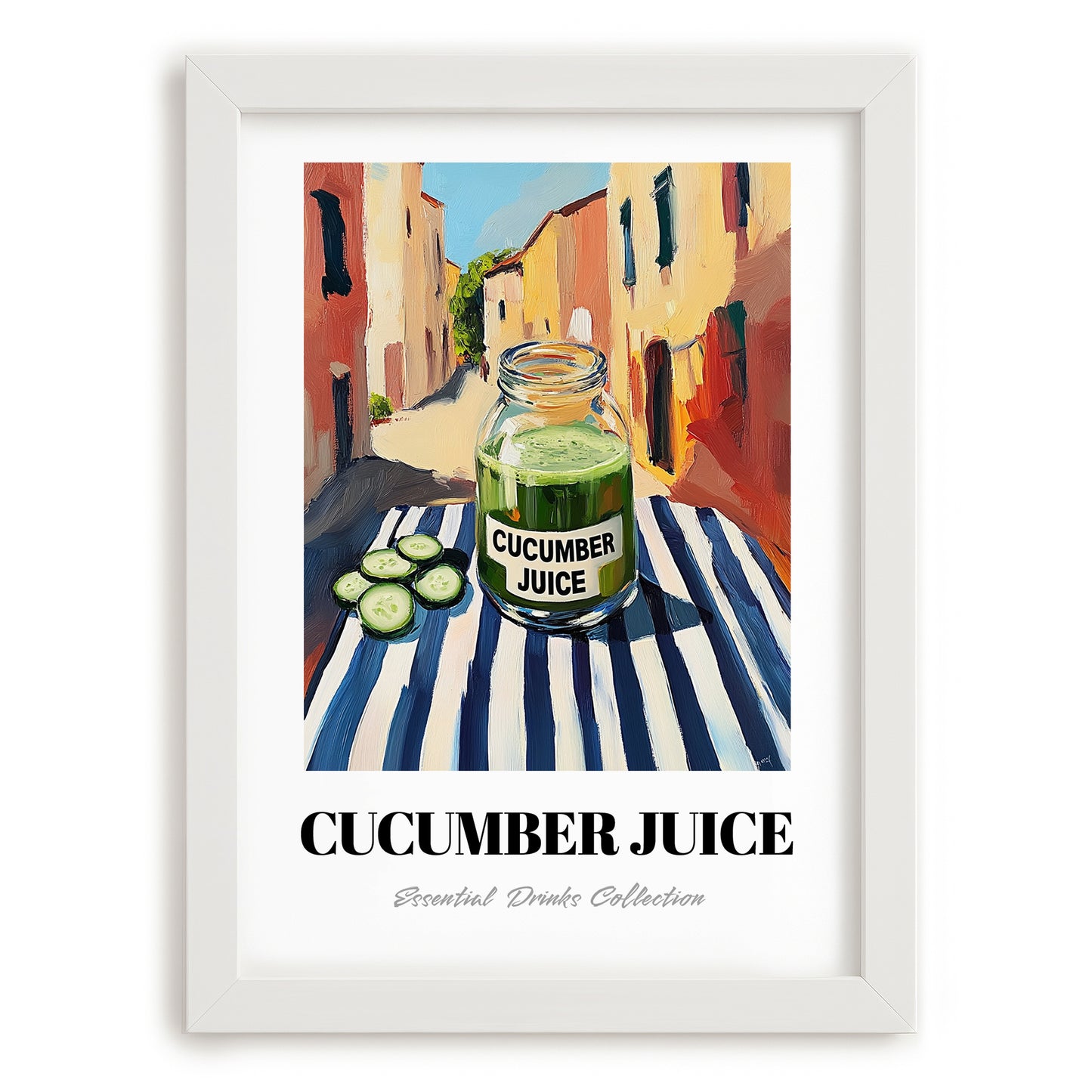 Cucumber Juice – Italian Outdoor Café Scene, Lemonade Wall Decor, placed in minimal white frame