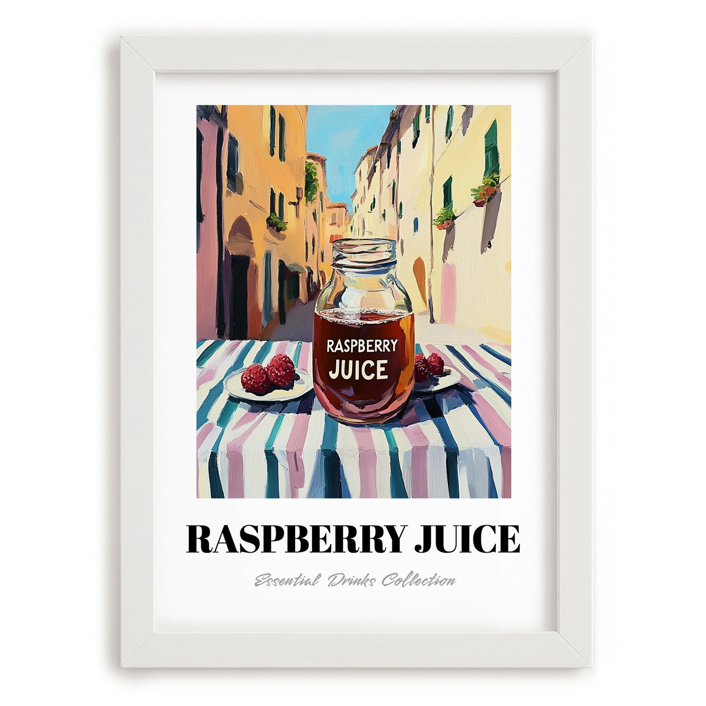 Raspberry Juice – Italian Outdoor Café Scene, Lemonade Painting, placed in minimal white frame