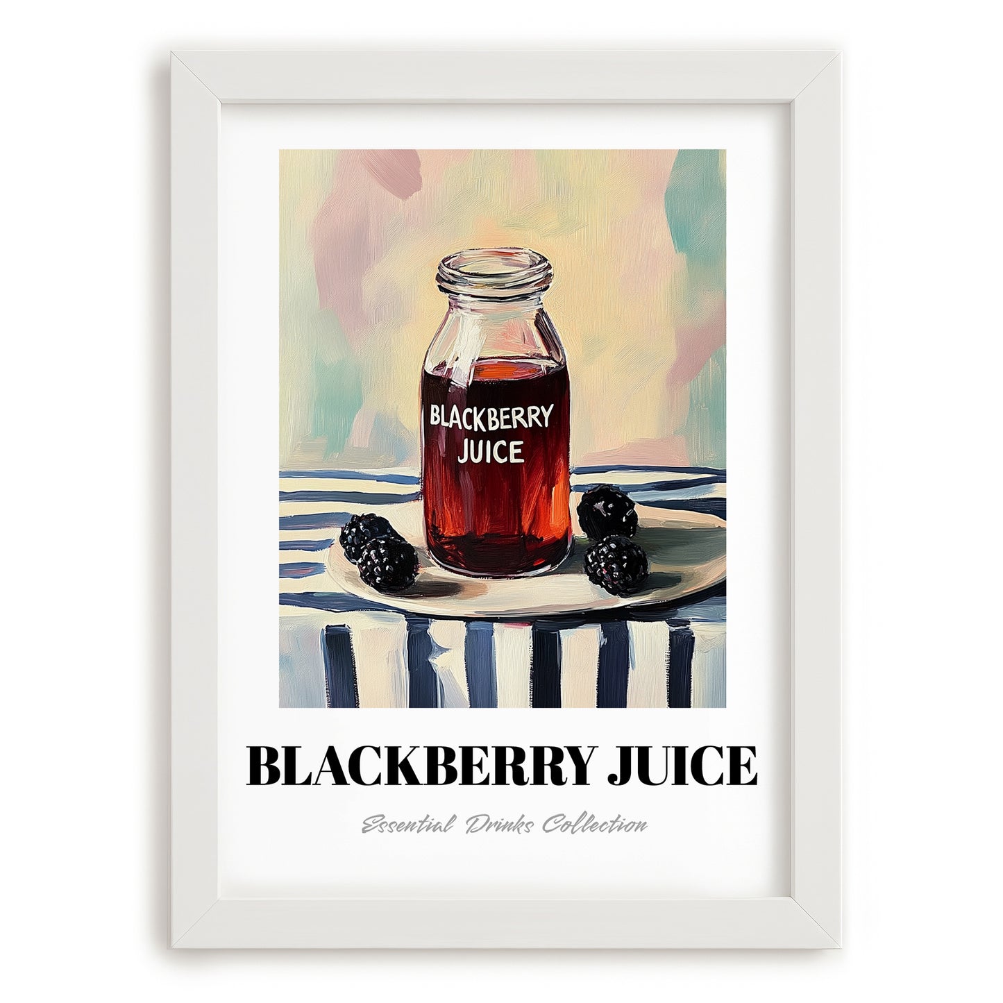 Blackberry Juice – on Striped Tablecloth, Lemonade Wall Painting, placed in minimal white frame