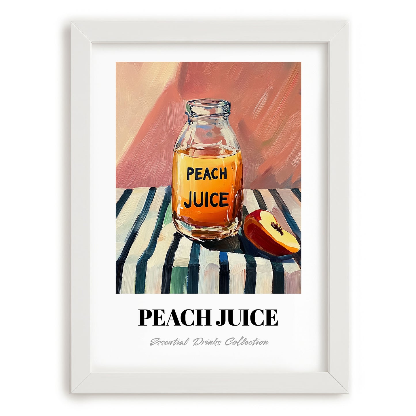 Peach Juice – on Striped Tablecloth, Lemonade Still Life, placed in minimal white frame