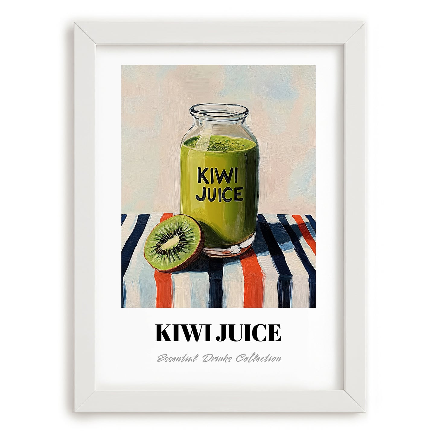 Kiwi Juice – on Striped Tablecloth, Lemonade Wall Decor, placed in minimal white frame