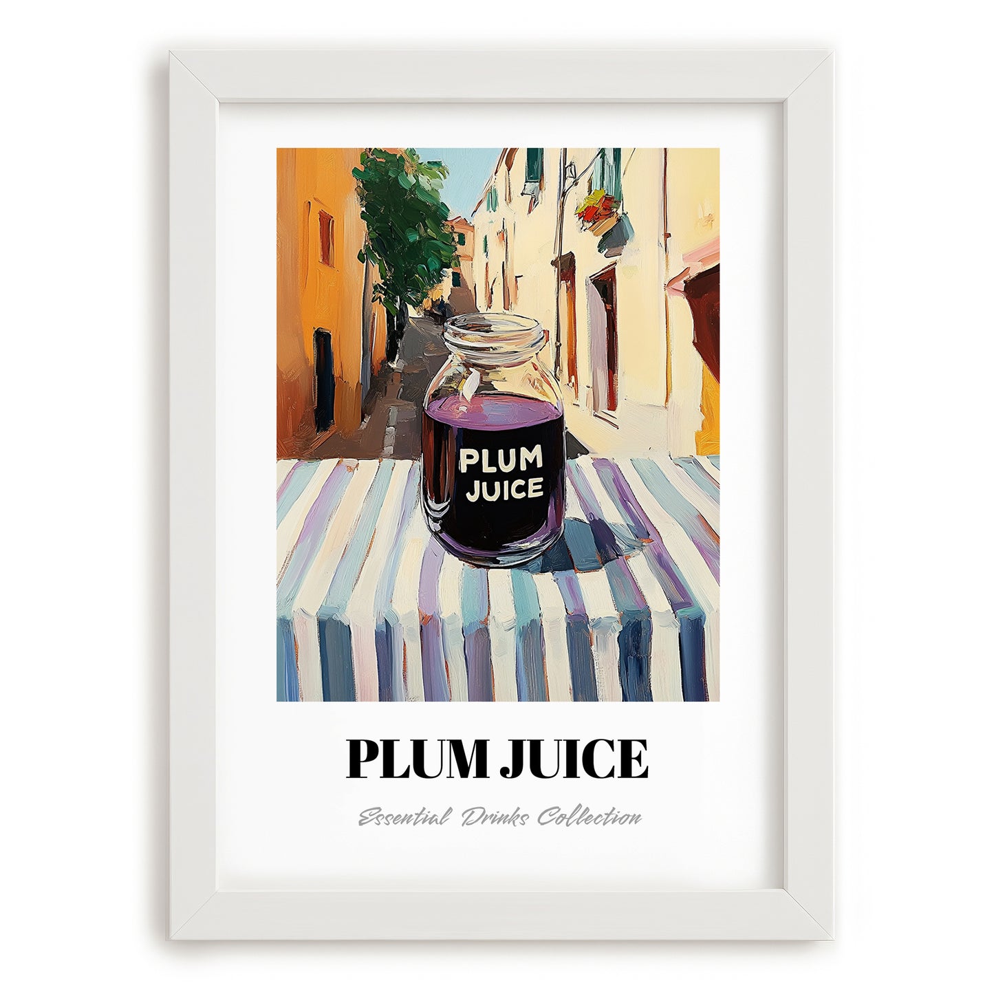 Plum Juice – Italian Street Café Scene, Lemonade Wall Art, placed in minimal white frame