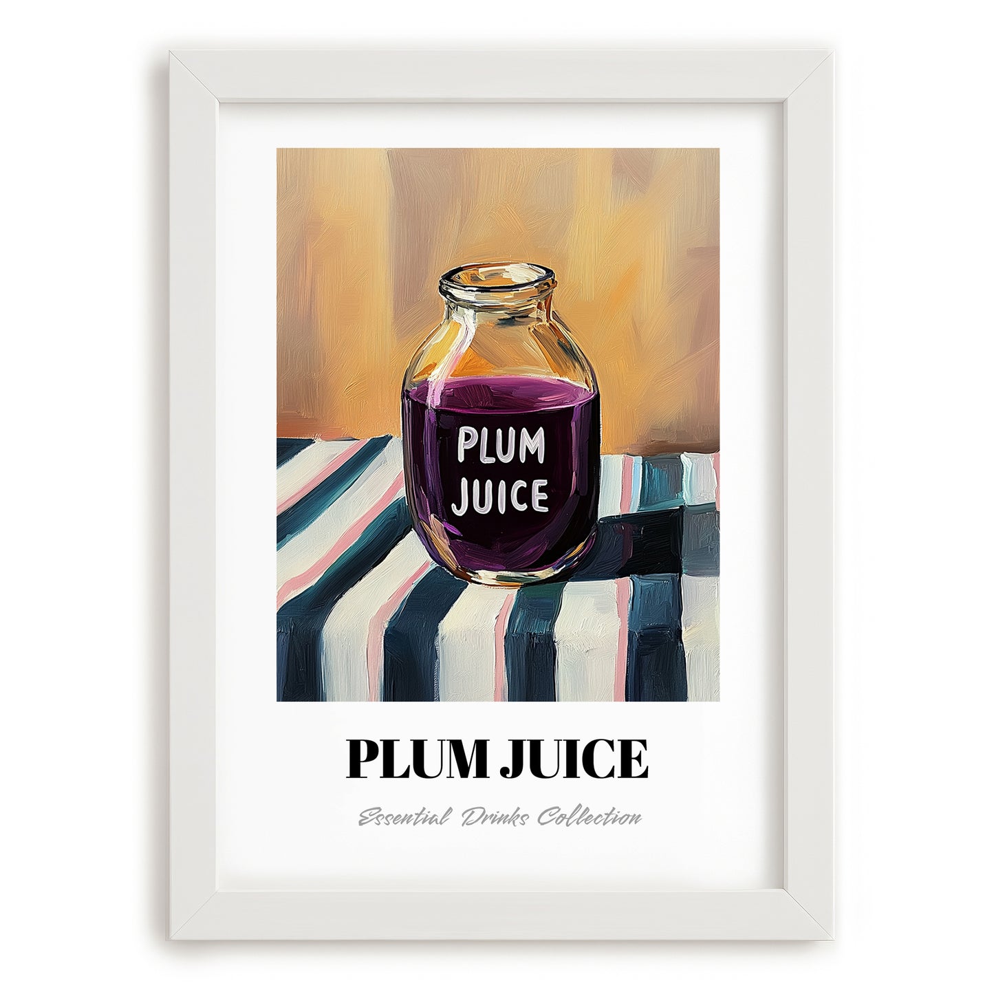 Plum Juice – on Striped Tablecloth, Lemonade Still Life, placed in minimal white frame