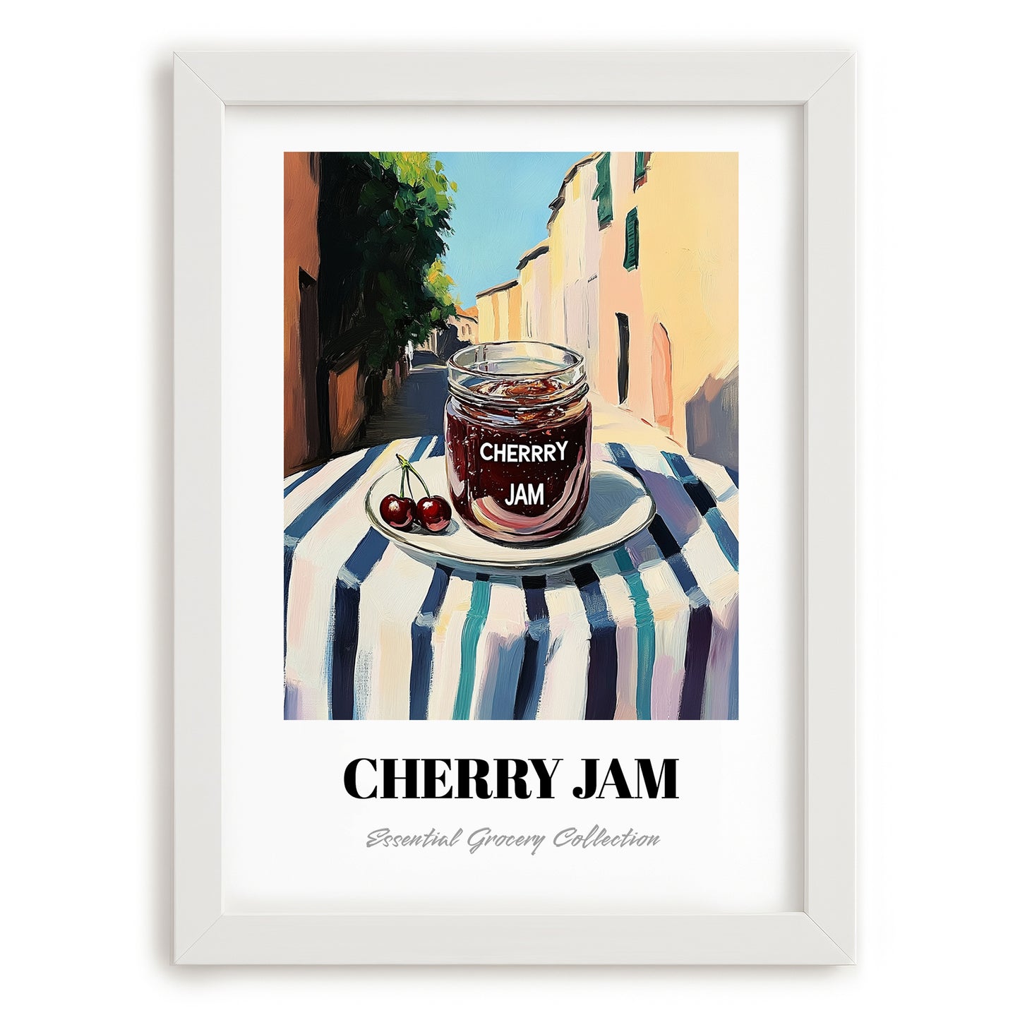 Cherry Jam – Italian Café on the Corner, Jam Painting, placed in minimal white frame