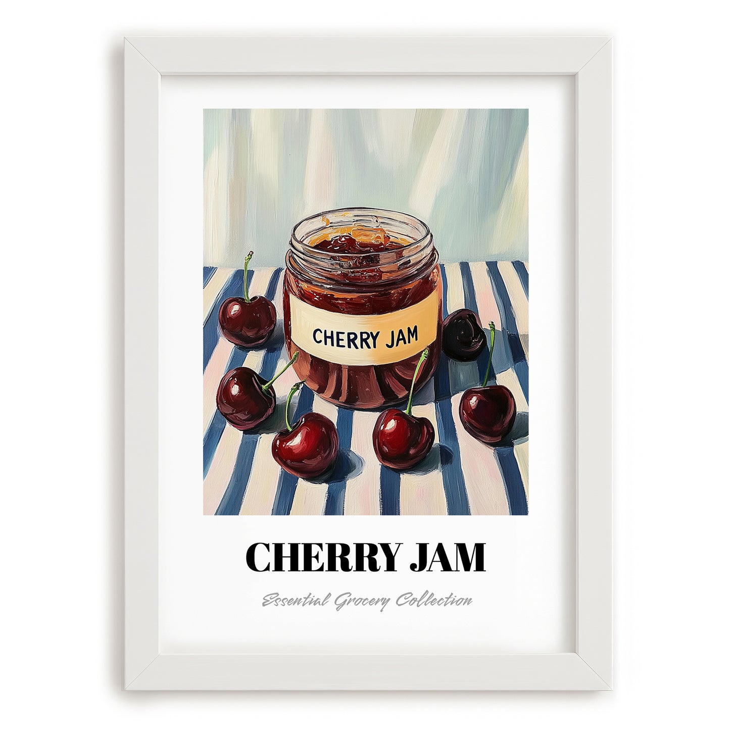 Cherry Jam – on Striped Tablecloth, Jam Art, placed in minimal white frame