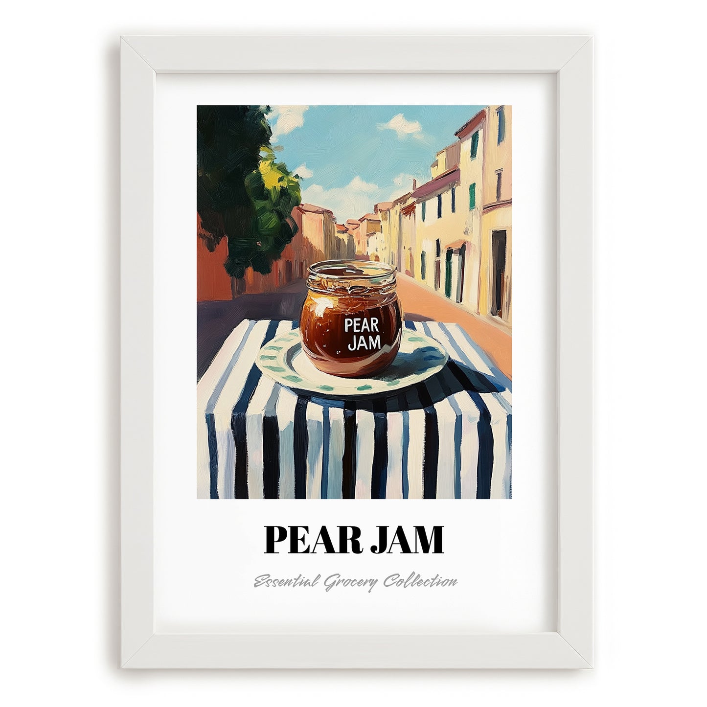 Pear Jam – Italian Urban Café Scene, Jam Still Life, placed in minimal white frame