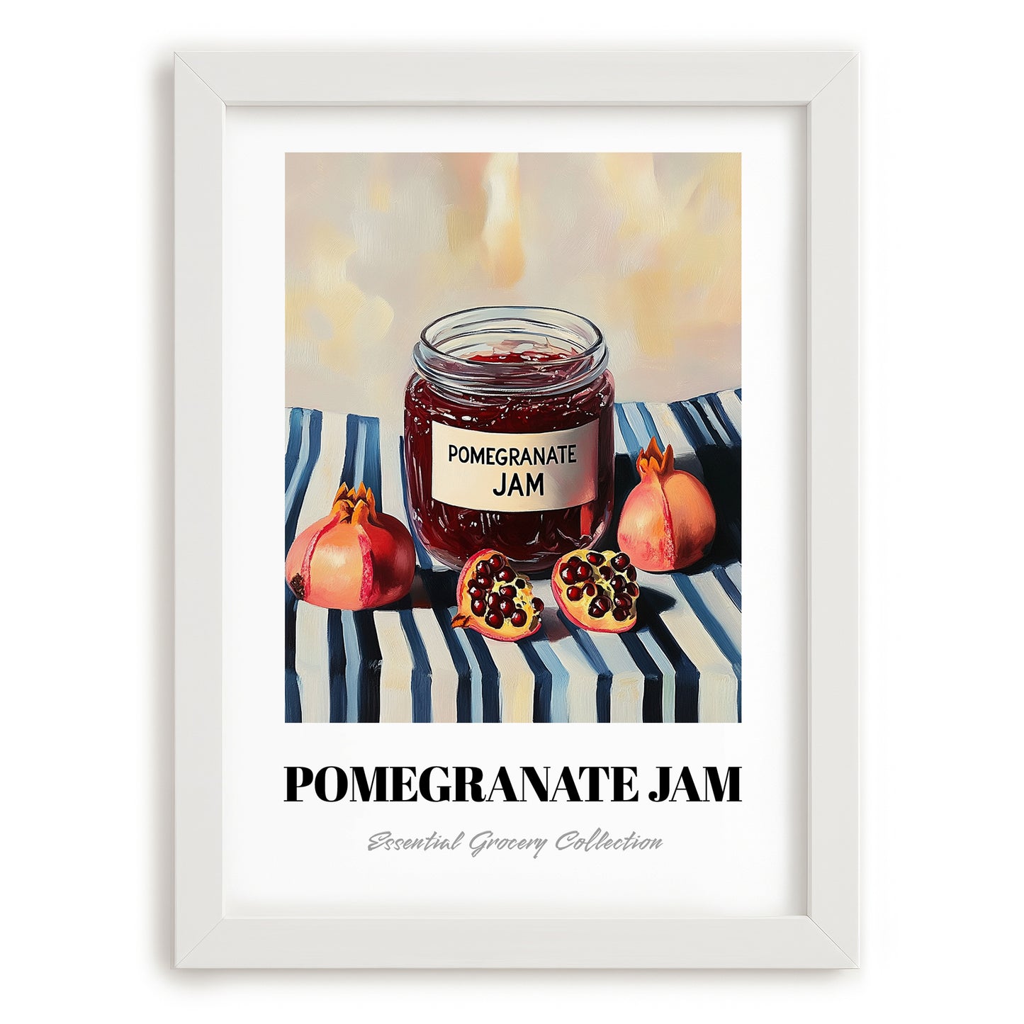 Pomegranate Jam – on Striped Tablecloth, Jam Illustration, placed in minimal white frame