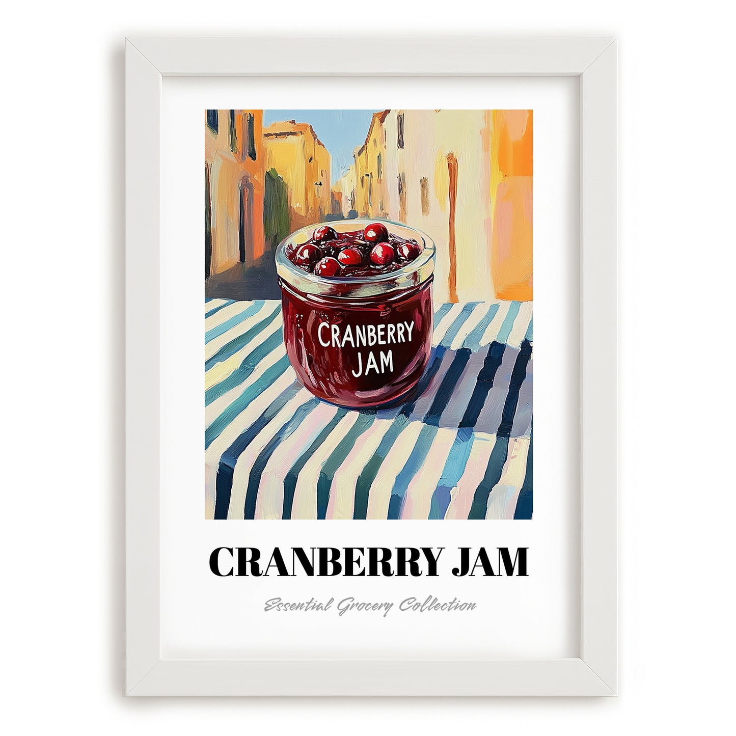 Cranberry Jam – Italian Street Café Scene, Jam Painting, placed in minimal white frame
