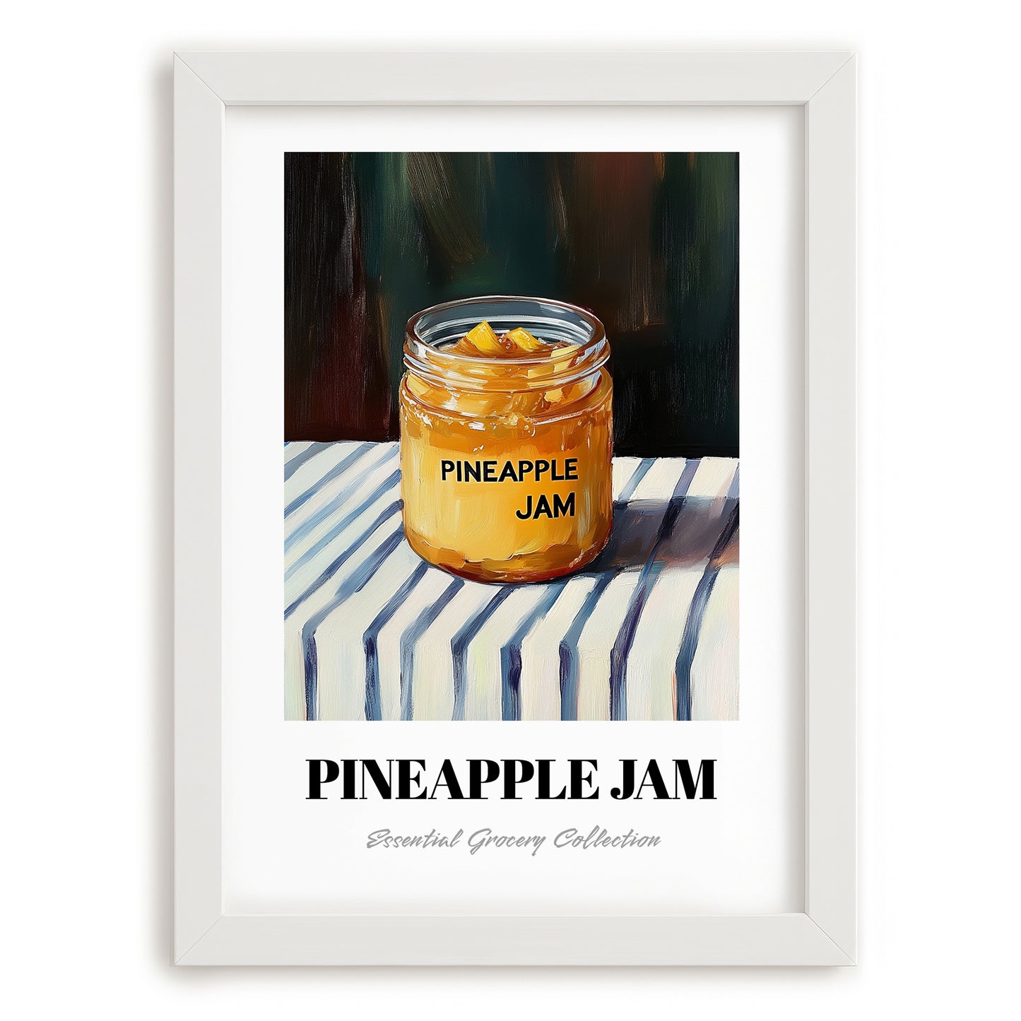 Pineapple Jam – on Striped Tablecloth, Jam Art, placed in minimal white frame