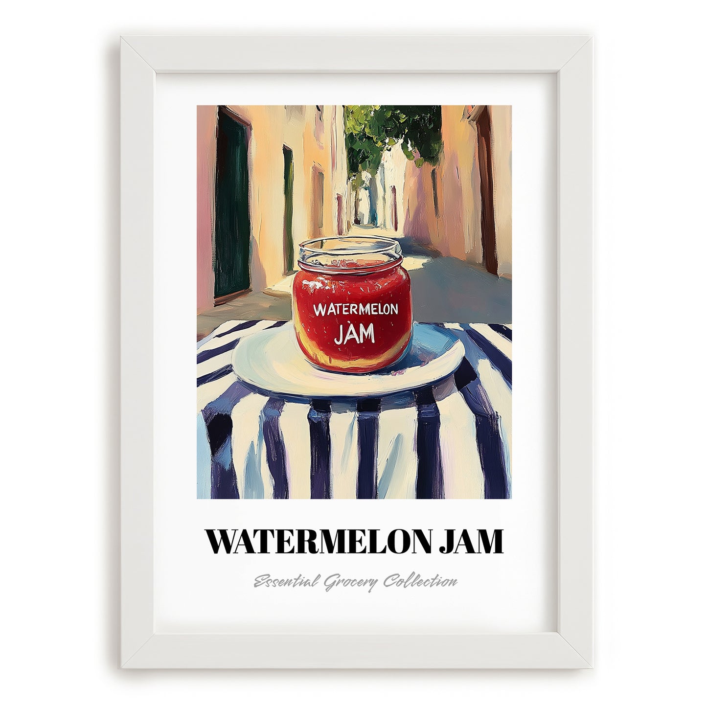 Watermelon Jam – Italian Café on the Corner, Jam Painting, placed in minimal white frame