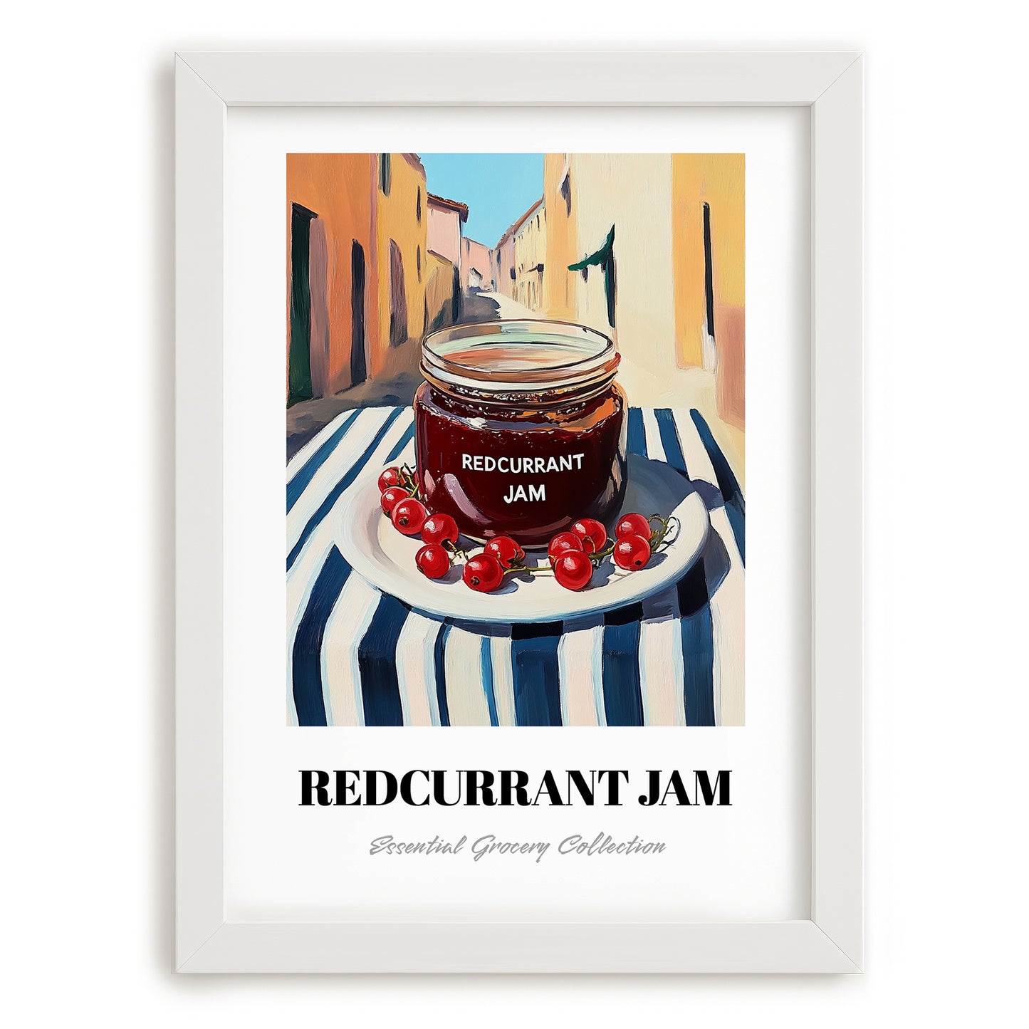 Redcurrant Jam – Italian Outdoor Café Scene, Jam Wall Art, placed in minimal white frame
