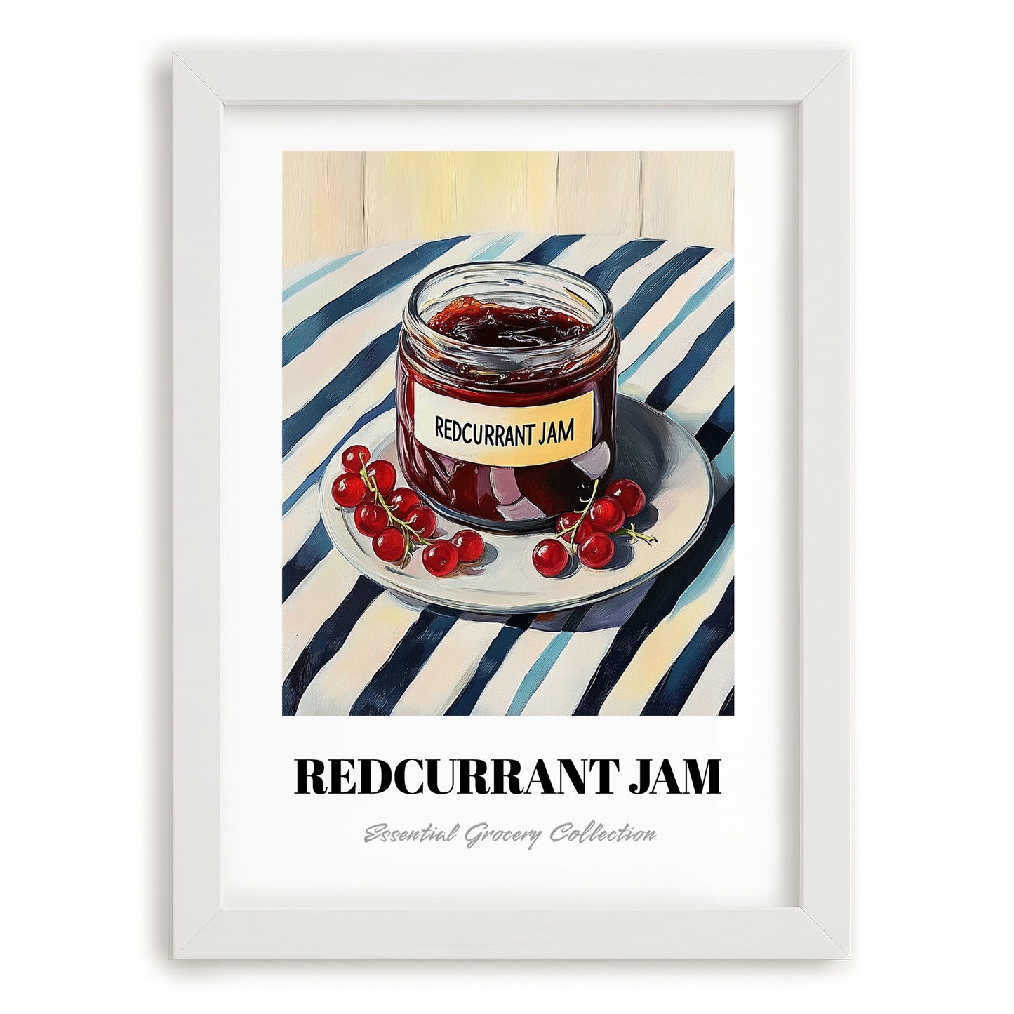 Redcurrant Jam – on Striped Tablecloth, Jam Wall Art, placed in minimal white frame